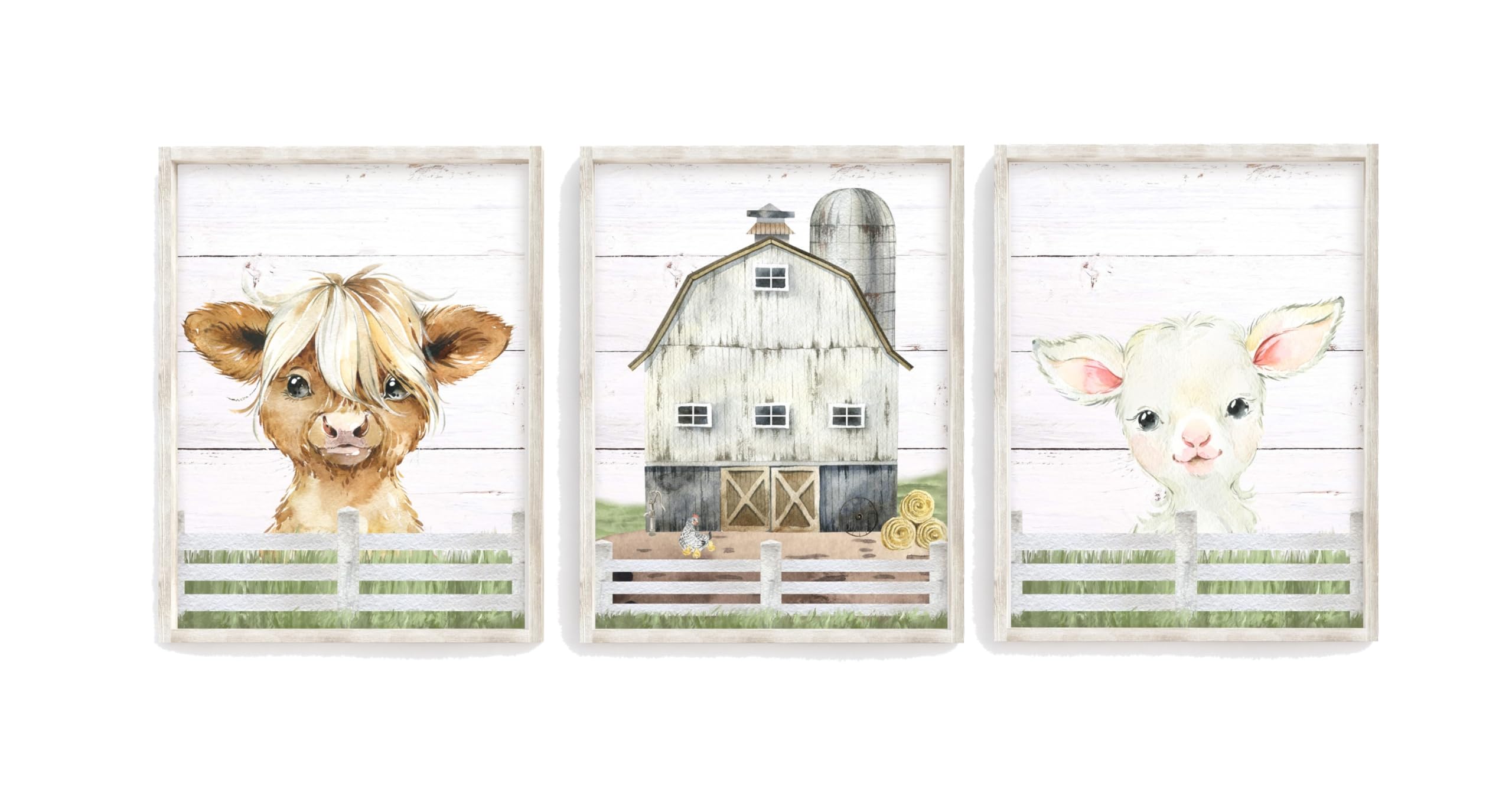 Rustic Farm Nursery Decor - 3 Highland Cow, Lamb, Barn Prints for Farmhouse Nursery & Kids Room