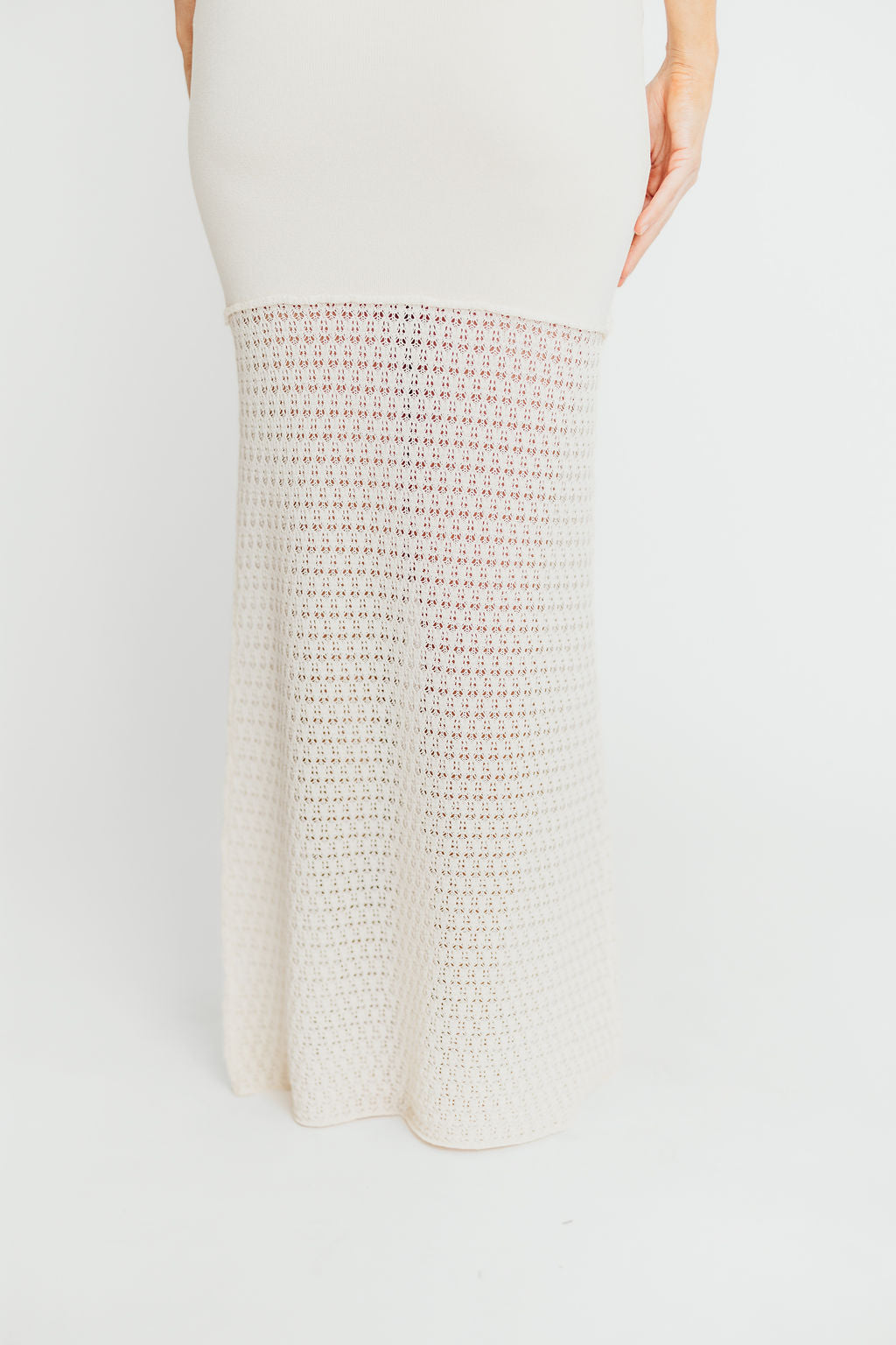 Arya Crochet Bottom Midi Dress in Cream - Elegant Boho Summer Dress for Beach, Wedding & Vacation | Women's Floral Lace Dress