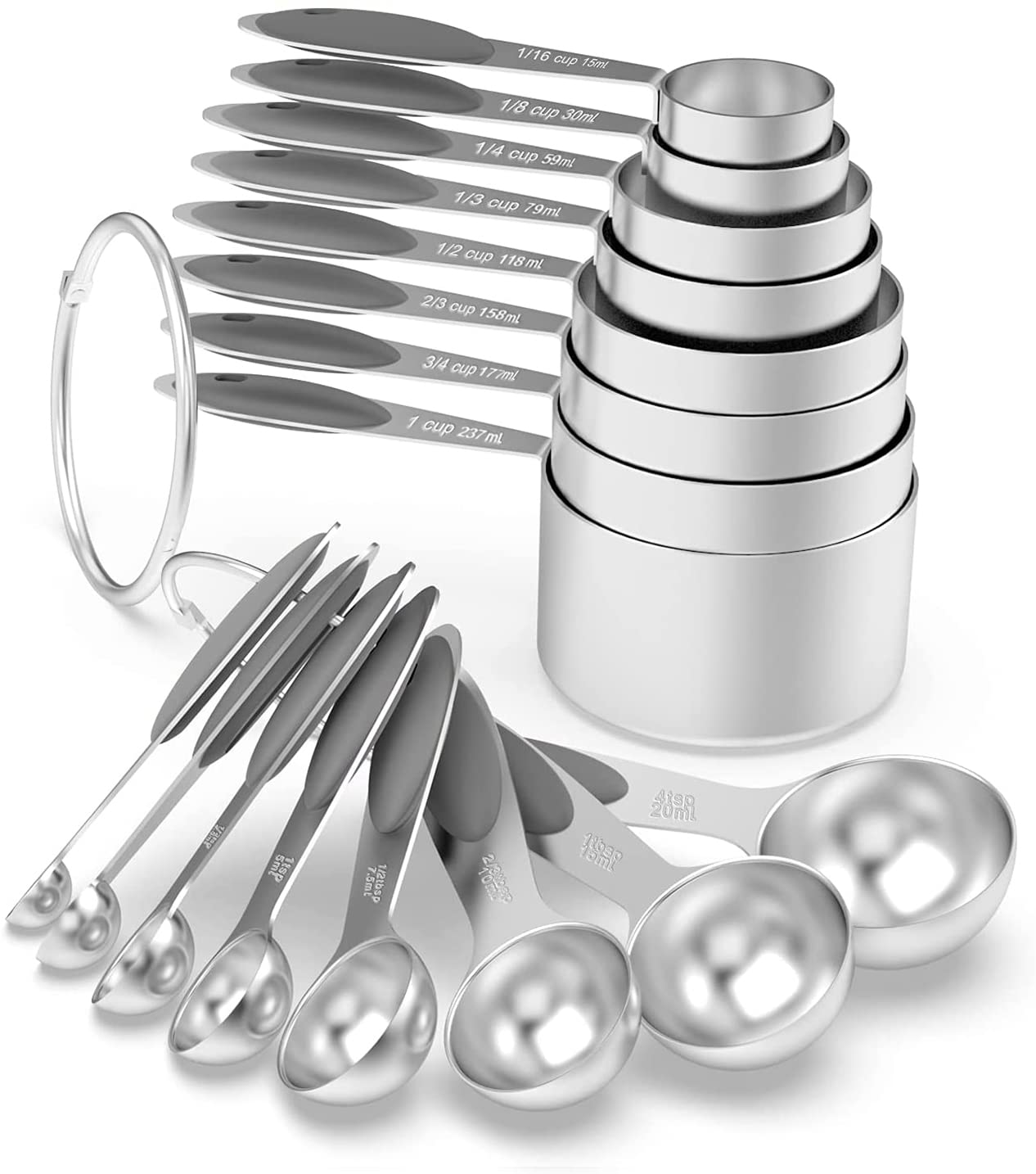 Wildone 16-Piece Stainless Steel Measuring Cups and Spoons Set with Gray Silicone Handle - 8 Nesting Cups & 8 Spoons for Dry & Liquid Ingredients - Perfect for Baking, Cooking, and Meal Prep