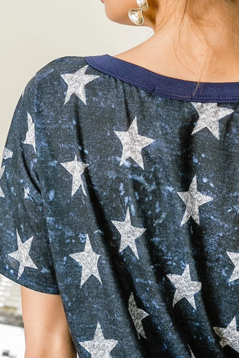 Vintage Star Print Top with Contrast Caged Neck - Stylish Boho Blouse for Women, Perfect for Casual Outings, Music Festivals & Retro Fashion Looks