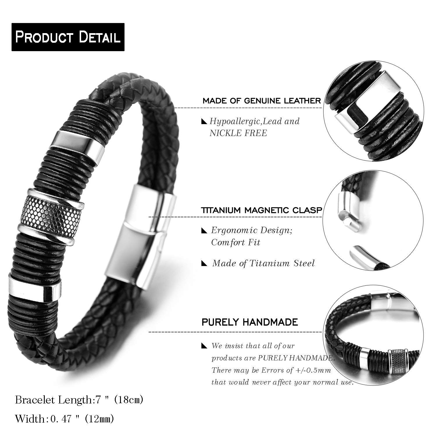HALUKAKAH Boys Leather Bracelet - Genuine Cowhide Leather with 18k Gold/Platinum Plated Titanium Beads - Adjustable Magnetic Clasp (18-19.5cm) - Perfect Gift for Kids 6-12 Years - Ideal for Birthdays, Christmas & Special Occasions
