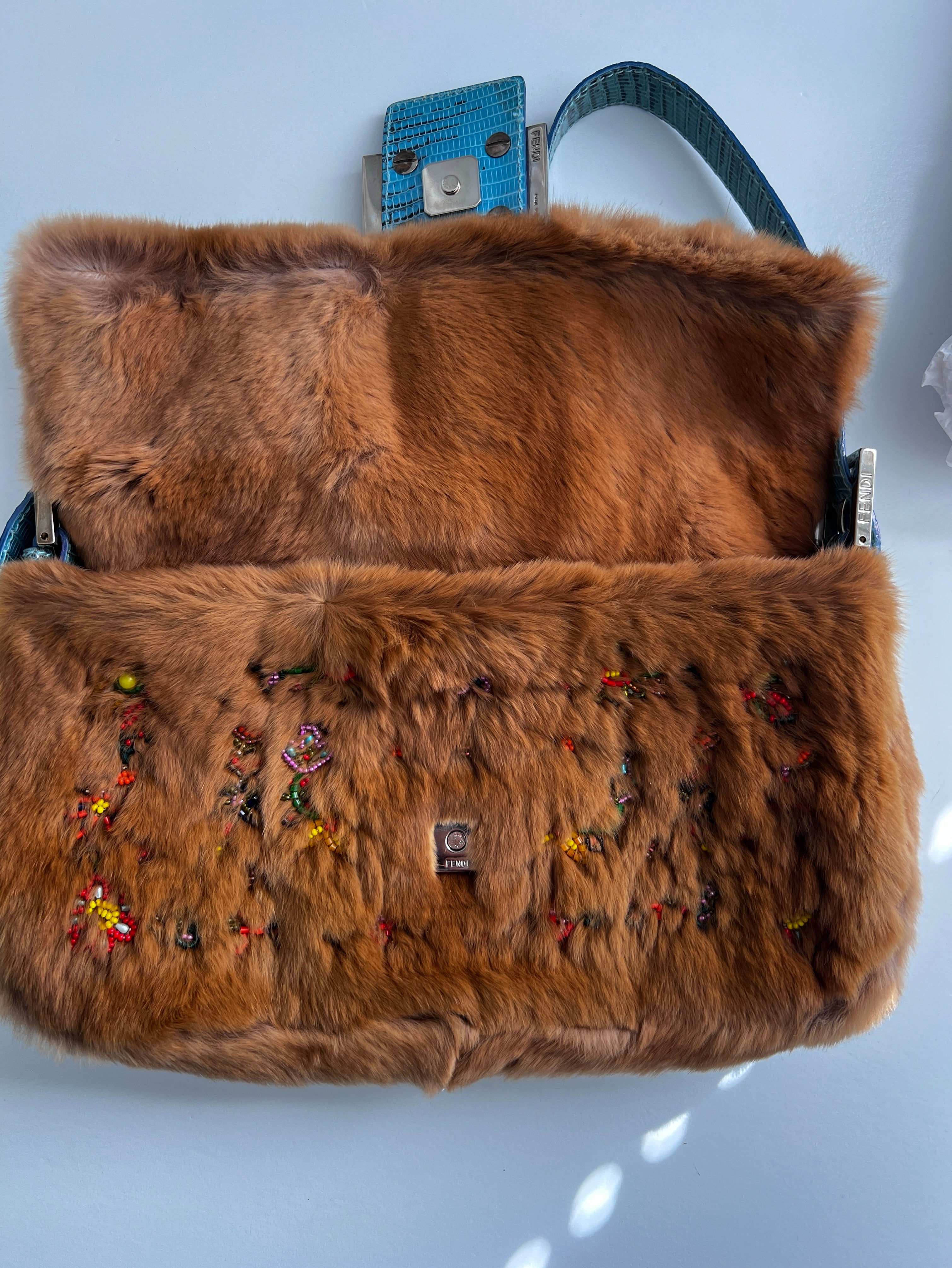 Vintage Fendi Caramel Rabbit Fur Beaded Baguette Bag - Luxury Designer Handbag for Women, Perfect for Evening Parties & Special Occasions