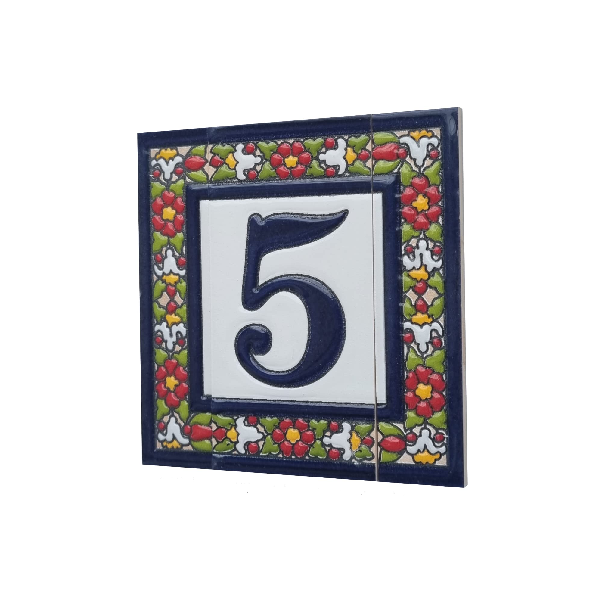 Spanish Floral Ceramic House Number Tiles - Decorative Address Plaques with Ornate Frames for Home Exterior, Garden Gate & Front Door Decor