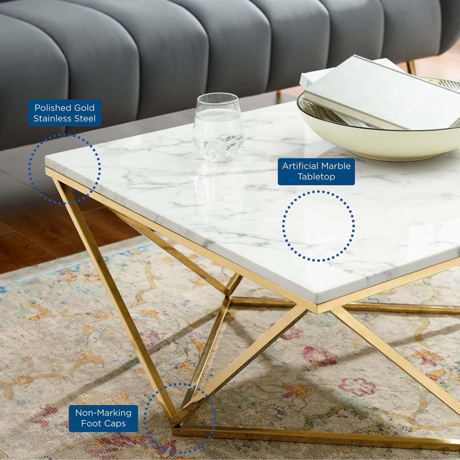 Modway Vertex Gold Metal Stainless Steel Coffee Table - Modern Round End Table with White Glass Top for Living Room, Office & Lounge Decor