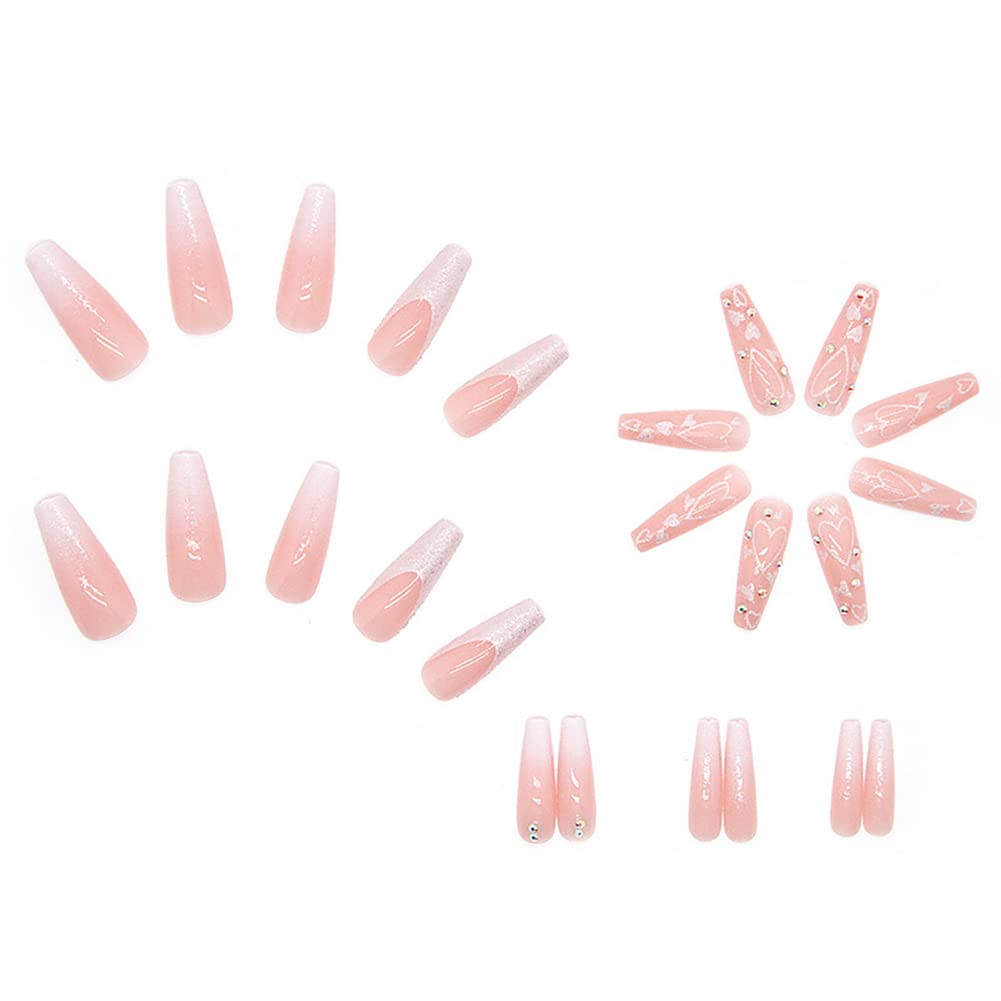 Carufin 24Pcs Long Coffin Press on Nails with Glossy Shine & Heart French Tip - Acrylic False Nails for Women & Girls (Style D) - Perfect for Parties, Weddings, and Special Occasions
