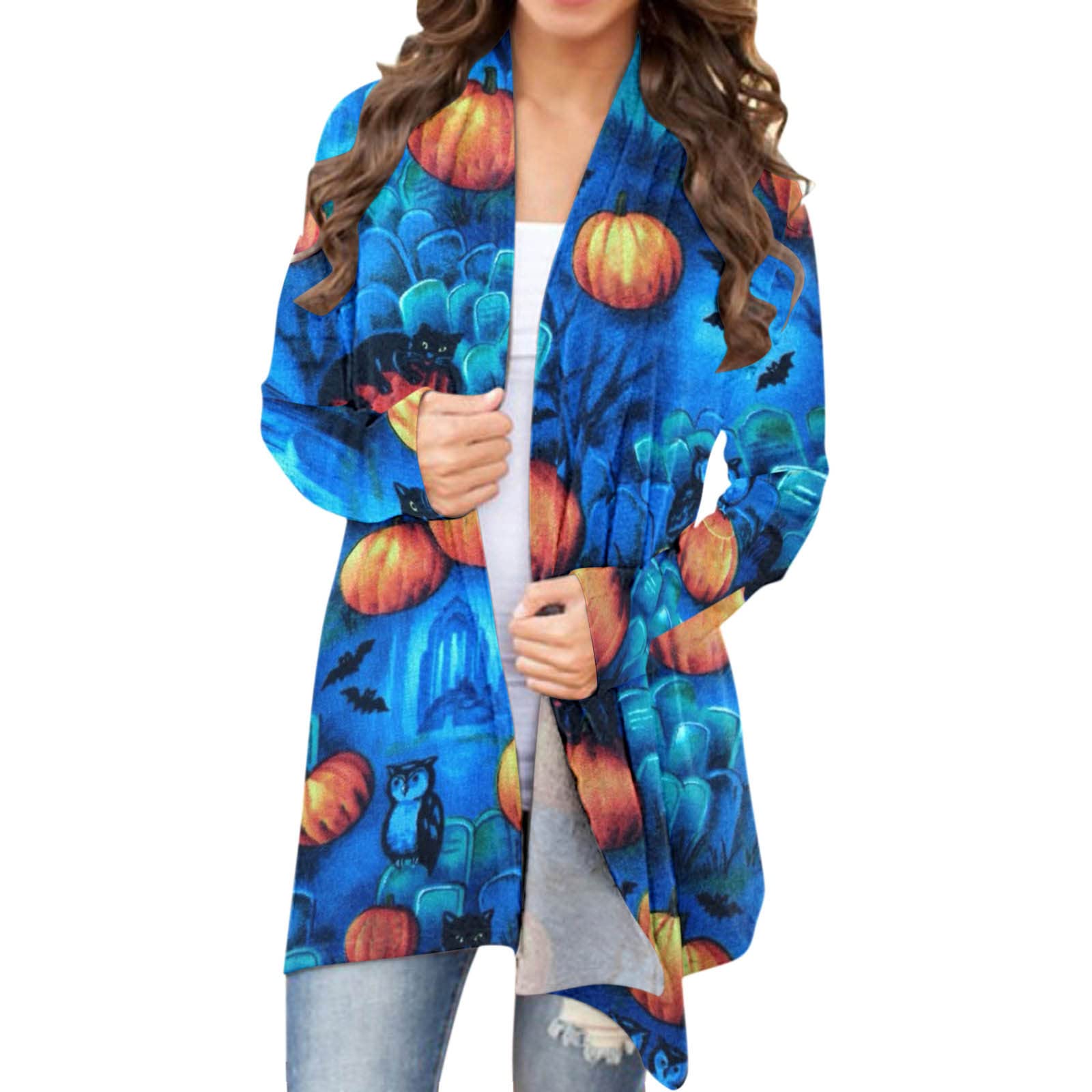 Women's Pumpkin Cat Ghost Print Cardigan - Long Sleeve Open Front Halloween Sweater Coat | Cute Fall & Halloween Costume Top for Parties, Cosplay & Casual Wear