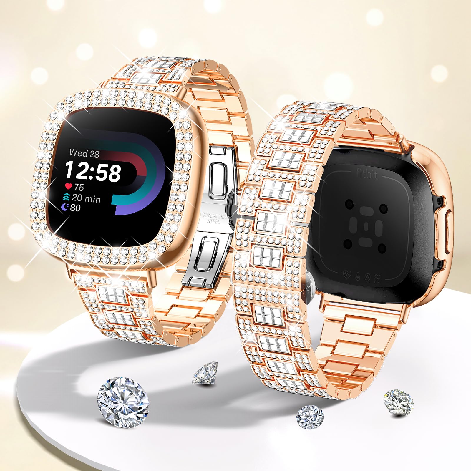 Dsytom Bling Stylish Watch Band Compatible with Fitbit Versa 4/3, Sense 2/1 - Rhinestone Decorative Strap with Protective Case for Women - Perfect for Workouts, Parties & Daily Fashion Accessories