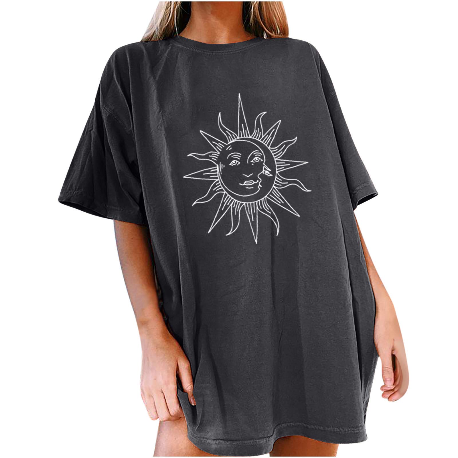 Vintage Sun and Moon Printed Women's Casual Short Sleeve T-Shirt - Boho Chic Summer Top for Beach, Music Festivals & Everyday Wear