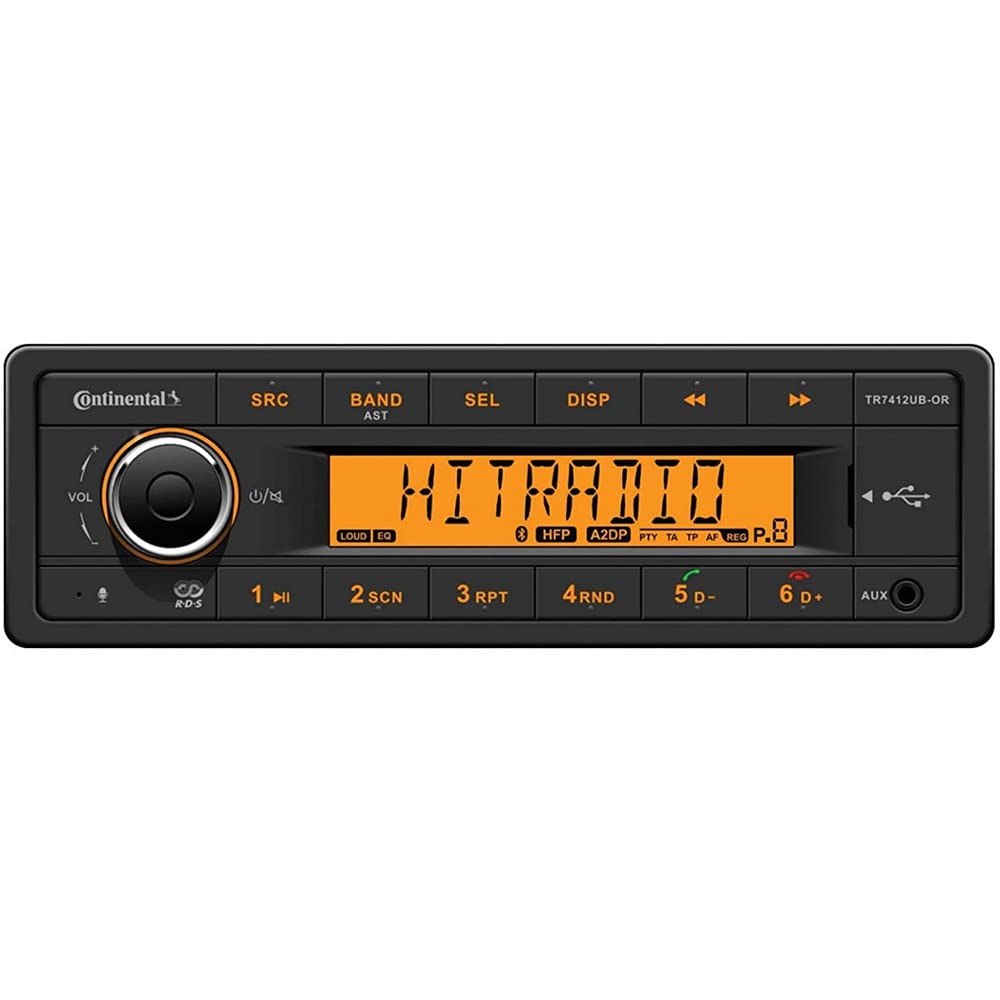 VDO Continental TR7412UB-OR European Style 12V Car Radio with Orange Display & Bluetooth - Bundle with AC111 - Perfect for Vintage & Classic Car Upgrades