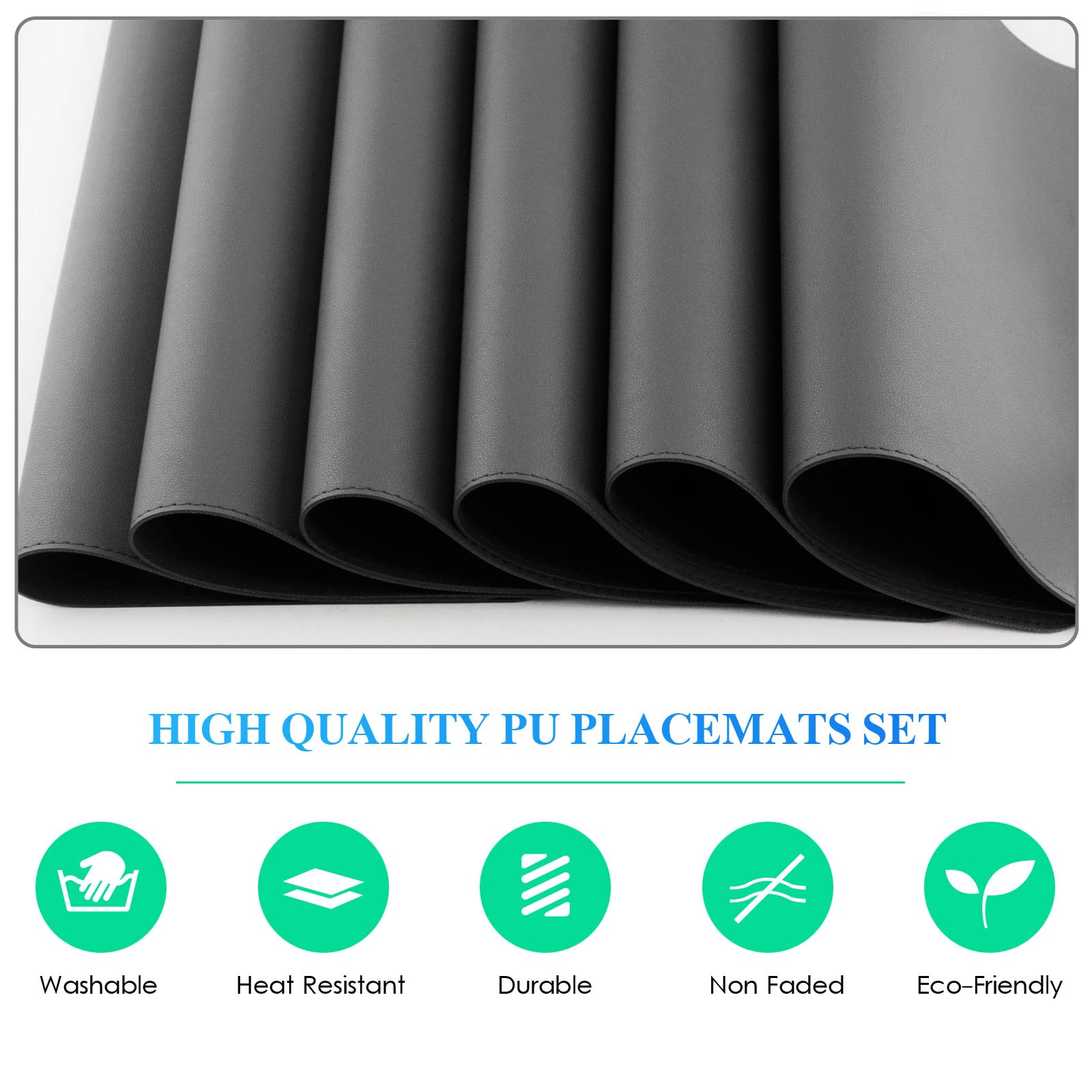 Set of 6 Grey Waterproof Faux Leather Placemats - Heat Resistant & Wipeable Table Mats with Coasters for Kitchen, Dining Room, Outdoor Decor | Perfect for Dinner Parties, BBQs, and Daily Use