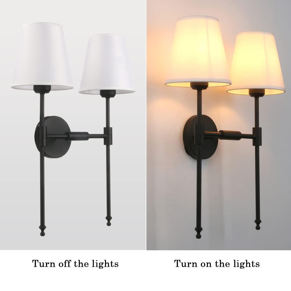 PERMO Classic Rustic Double Sconce Wall Light - 2-Light Black Arm Fixture with White Flared Fabric Shade - Perfect for Bathroom, Bedroom, Bedside & Hallway Lighting
