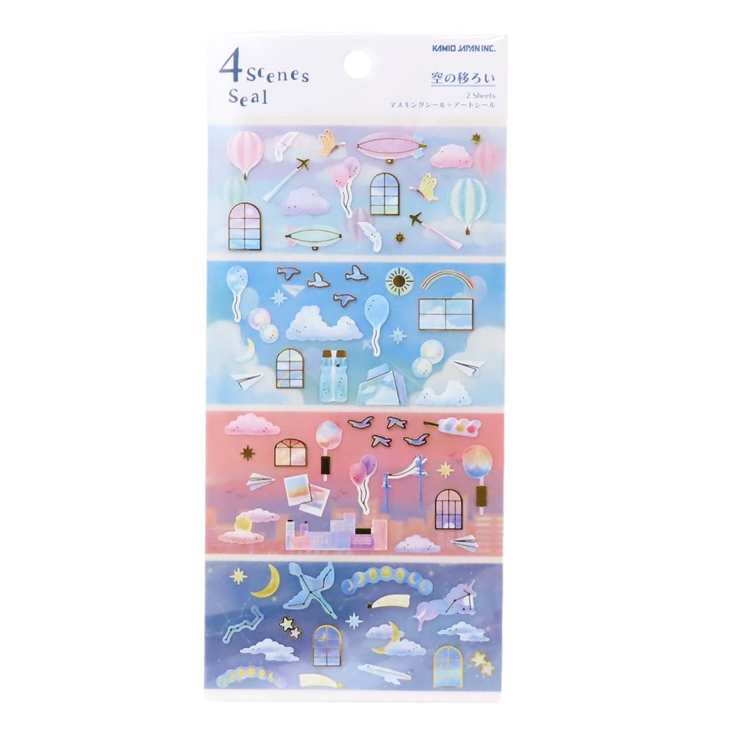 4 Scenes Seal Sticker Sheet - Sunrise, Day, Sunset, Night - Perfect for Scrapbooking, Journals, Planners & DIY Crafts