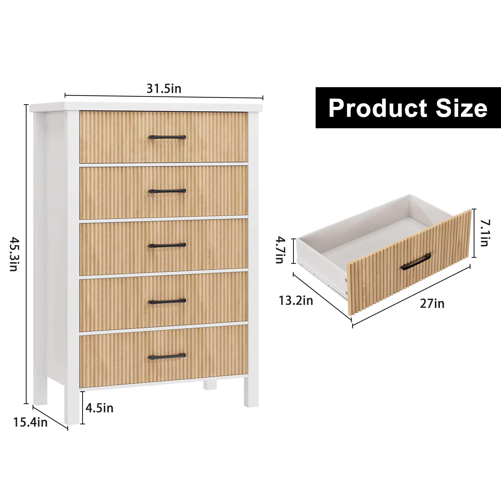 Modern White 5-Drawer Dresser for Bedroom - Solid Wood Legs, Fluted Design Tall Chest of Drawers - Large Wooden Storage for Clothes, Bedding & Accessories | Perfect for Bedroom, Living Room, Entryway & Hallway Organization