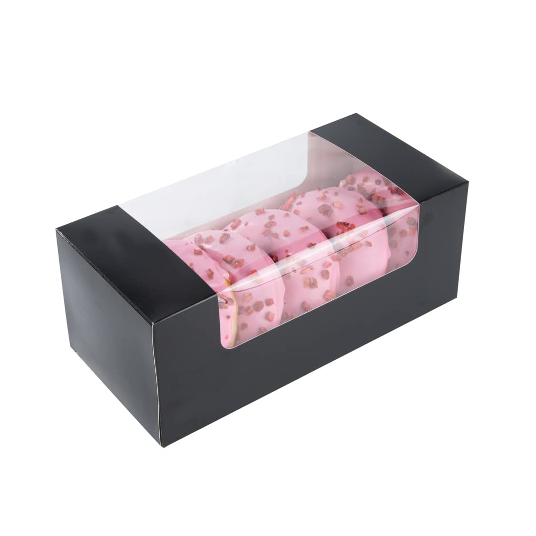 Restaurantware Pastry Tek 9.8 x 4.7 x 3.9 Inch 100-Pack Disposable Donut Boxes with Clear Window | Easy Assembly Black Paper Cookie Packaging for Muffins, Cupcakes & Mini Cakes | Perfect for Bakeries, Cafés & Catering Events