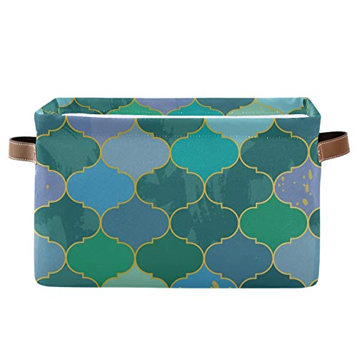 MNSRUU Collapsible Storage Basket - Geometric Lattice Moroccan Style Organizer with PU Handles, Waterproof Laundry & Nursery Basket (1 Pack) - Perfect for Baby Room Organization, Bathroom Storage & Home Decor