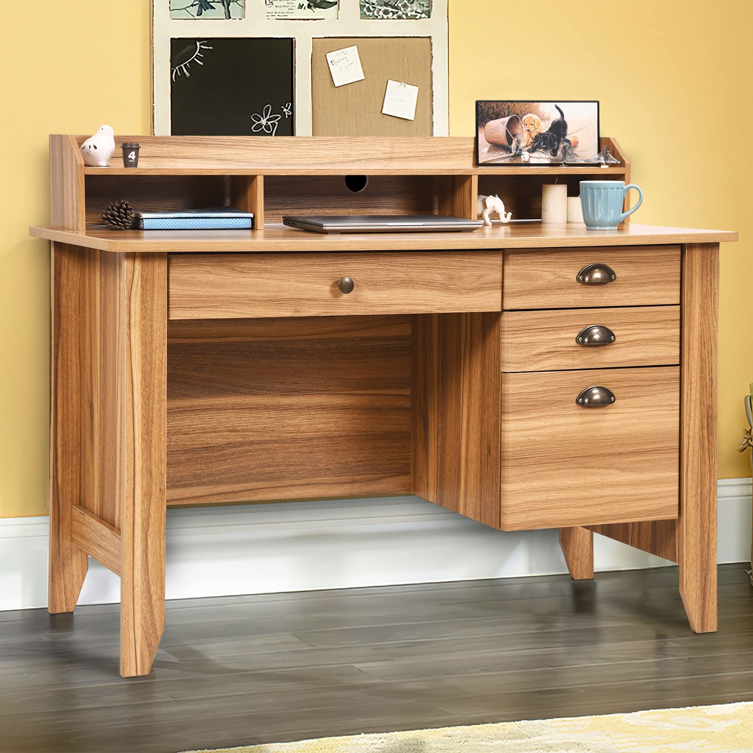 Farmhouse Style Computer Desk with Drawers & Hutch - Rustic Oak Wood Home Office Desk, Writing Table for Students & Professionals - Perfect for Small Spaces, Bedrooms & Home Offices - Organize Files & Boost Productivity