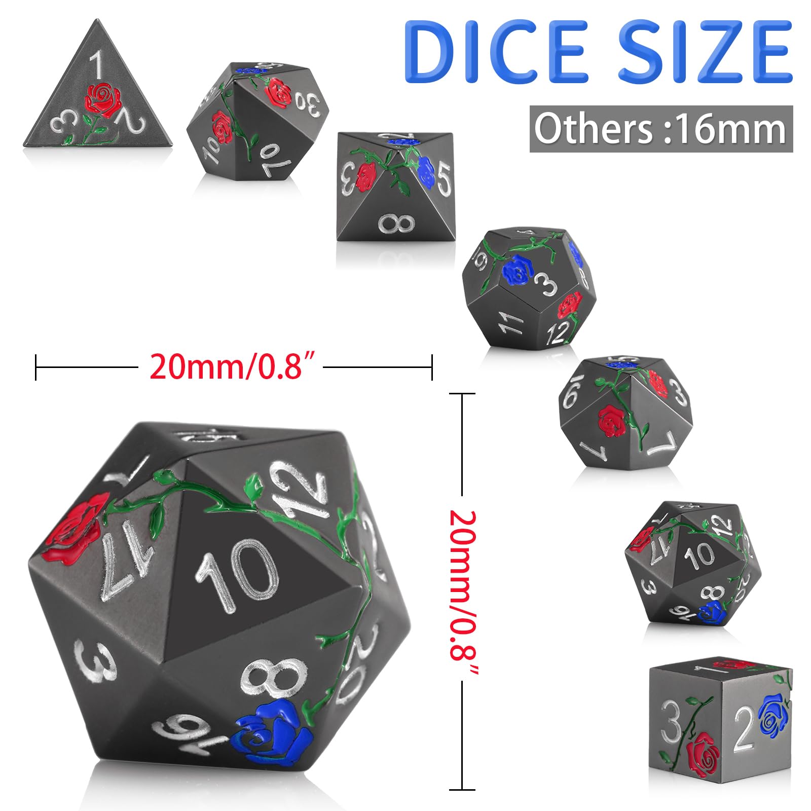 Premium DND Metal Dice Set - Hand-Painted Rose Polyhedral Dice for Dungeons & Dragons, MTG, RPG Tabletop Games | Gift Box Included (Black, Red, Blue Roses) - Perfect for Campaigns, Character Rolls & Game Nights