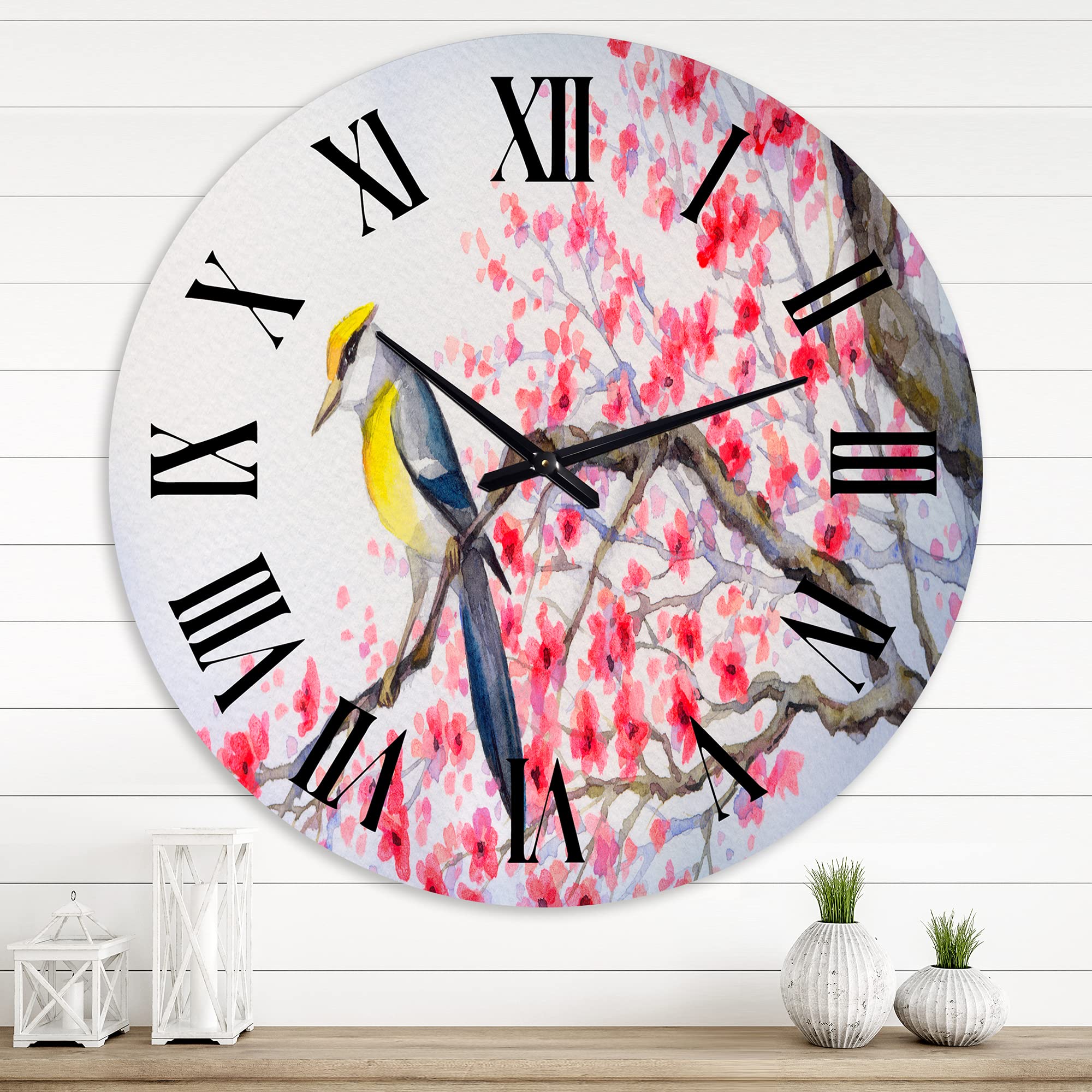 DesignQ Traditional Large Wall Clock - Beautiful Red Bird on Flowering Branch II - Animal-Themed Home Decor for Living Room, Bedroom & Office - Perfect for Farmhouse, Vintage & Rustic Interior Design