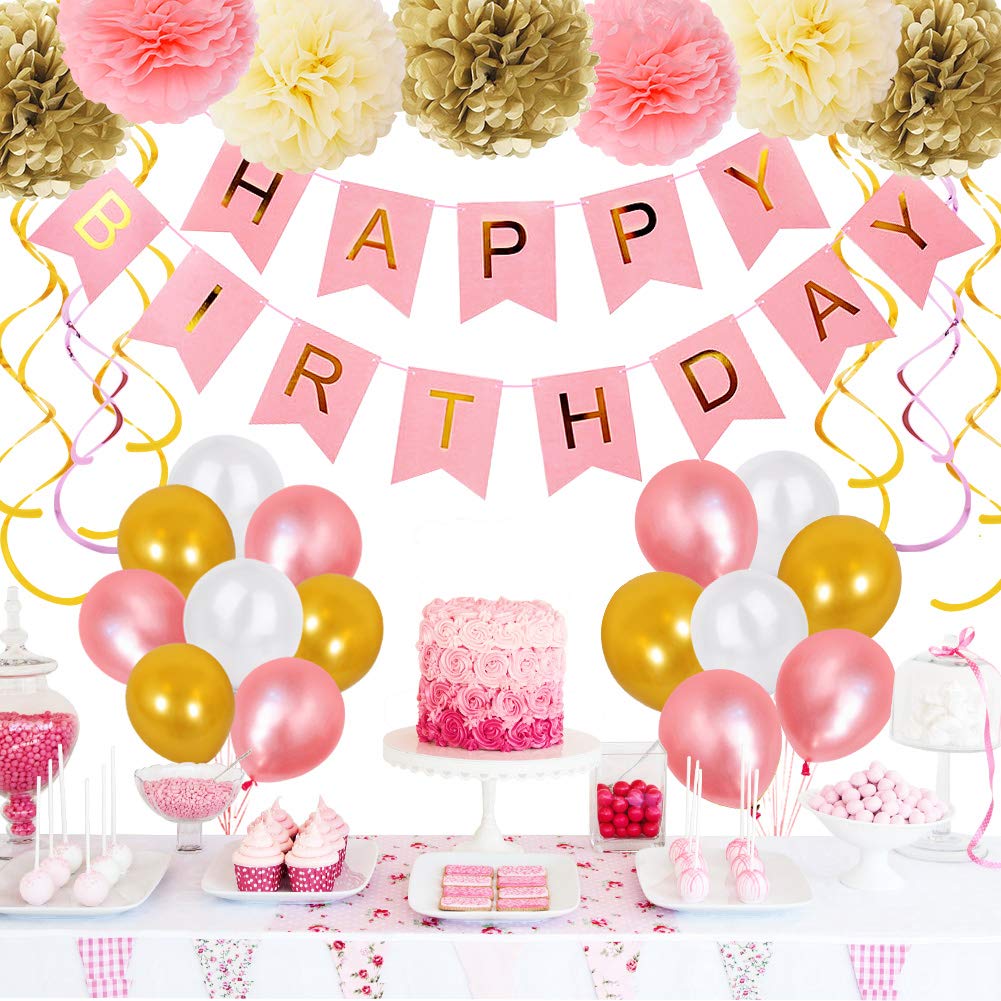 Pink Rose Gold Birthday Party Decorations for Girls - Princess Theme Party Supplies Set with Happy Birthday Banner - Perfect for 1st & 2nd Birthday Celebrations, Baby Shower, and Princess-Themed Events