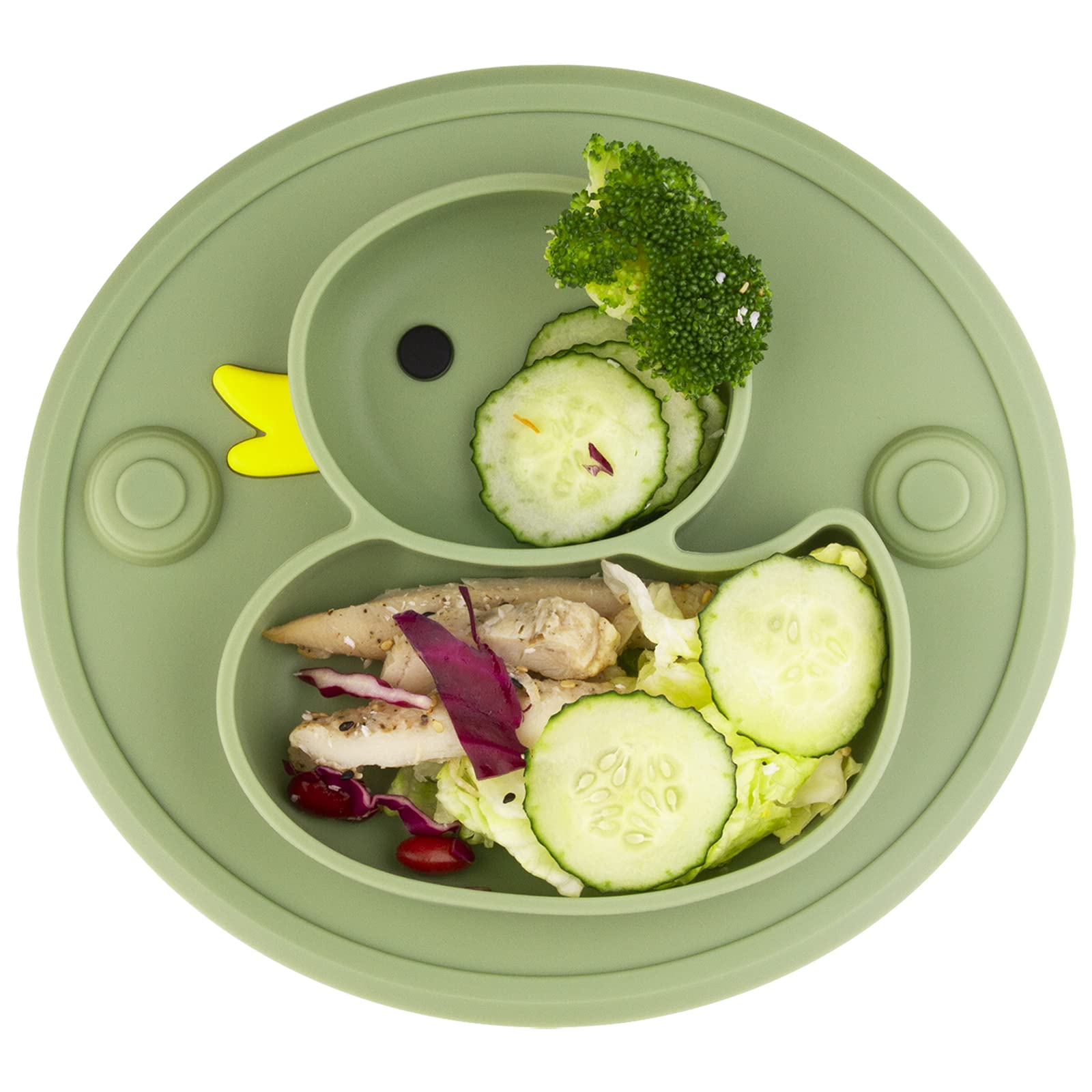 Non-Slip Silicone Divided Baby Plate with Suction Base | BPA-Free, Microwave & Dishwasher Safe | Portable Feeding Tray for Infants, Toddlers & Kids | Perfect for Highchair, Travel & Mess-Free Meals (Duck-Endive Design)