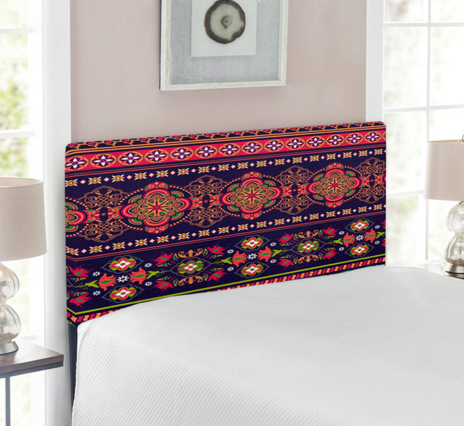 Lunarable Paisley Headboard - Floral Geometric Print Upholstered Metal Bed Frame with Memory Foam, Twin Size Multicolor - Perfect for Bohemian Bedroom Decor & Guest Room Upgrade