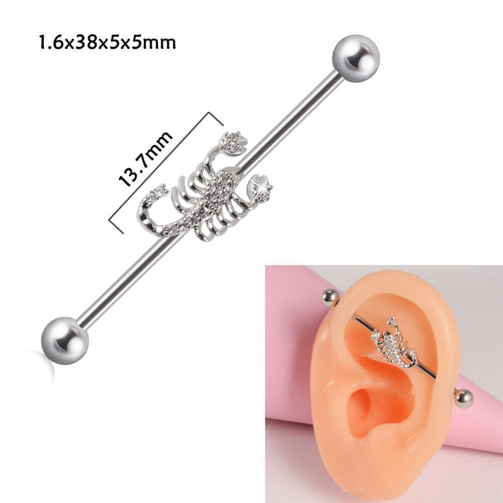 14g Silver Scorpio Insect Industrial Barbell Body Jewelry - Belly Button & Nose Piercing Bar | Perfect for Gothic, Punk & Alternative Fashion Styles