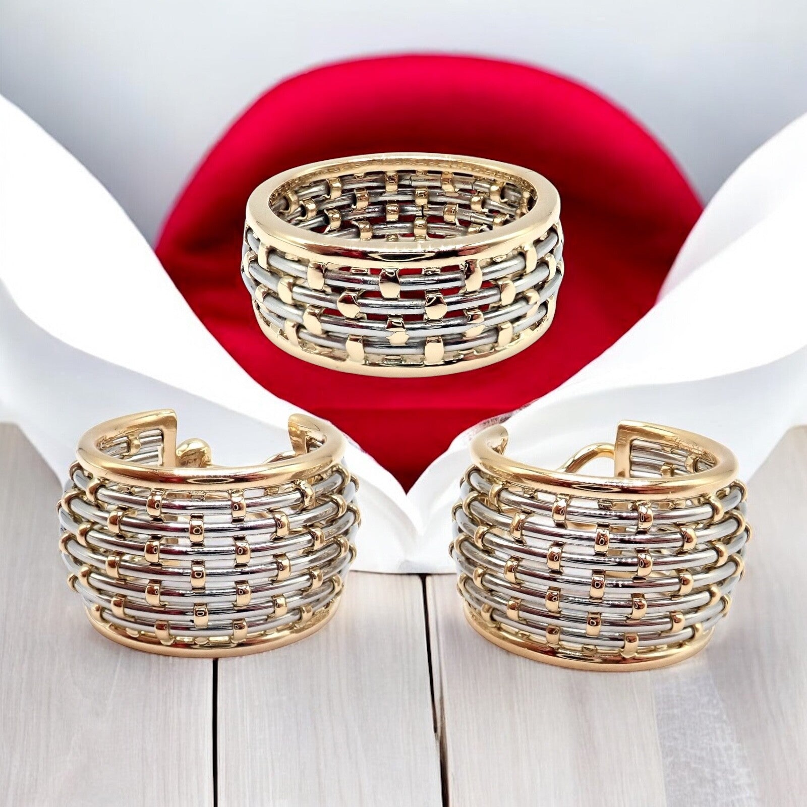 Authentic Cartier 18K Yellow Gold & Stainless Steel Basket Weave Ring and Earrings Set - Luxury Jewelry for Weddings, Anniversaries & Special Occasions