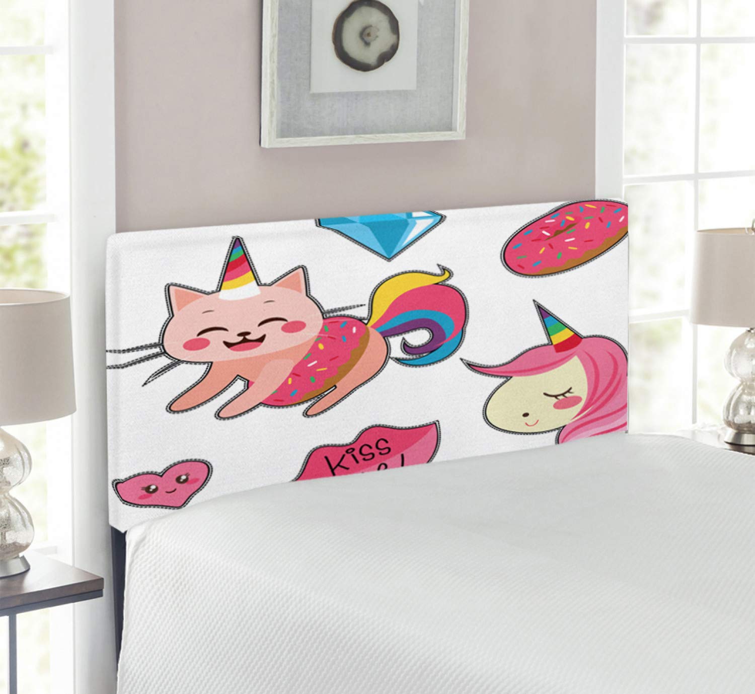 Ambesonne Unicorn Cat Headboard for Girls - Twin Size Pink Multicolor Upholstered Metal Bed Headboard with Memory Foam - Mythological Mascot Decor for Kids' Bedroom, Nursery & Fantasy Themed Rooms
