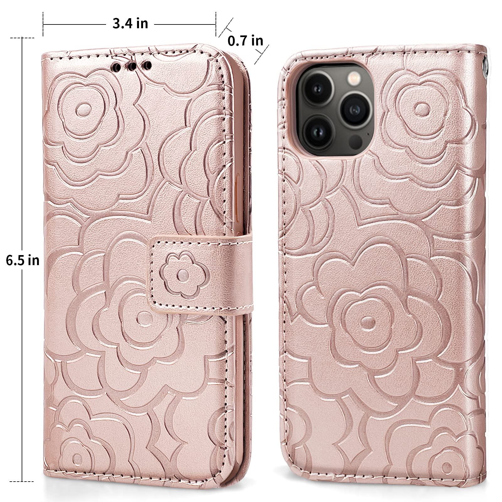 Magnetic Detachable Wallet Case for iPhone 13 Pro Max 5G - Leather Folio Flip Cover with RFID Card Holder & Strap - Women's Camellia Rose Pink Phone Case | Perfect for Everyday Use, Travel & Secure Card Storage