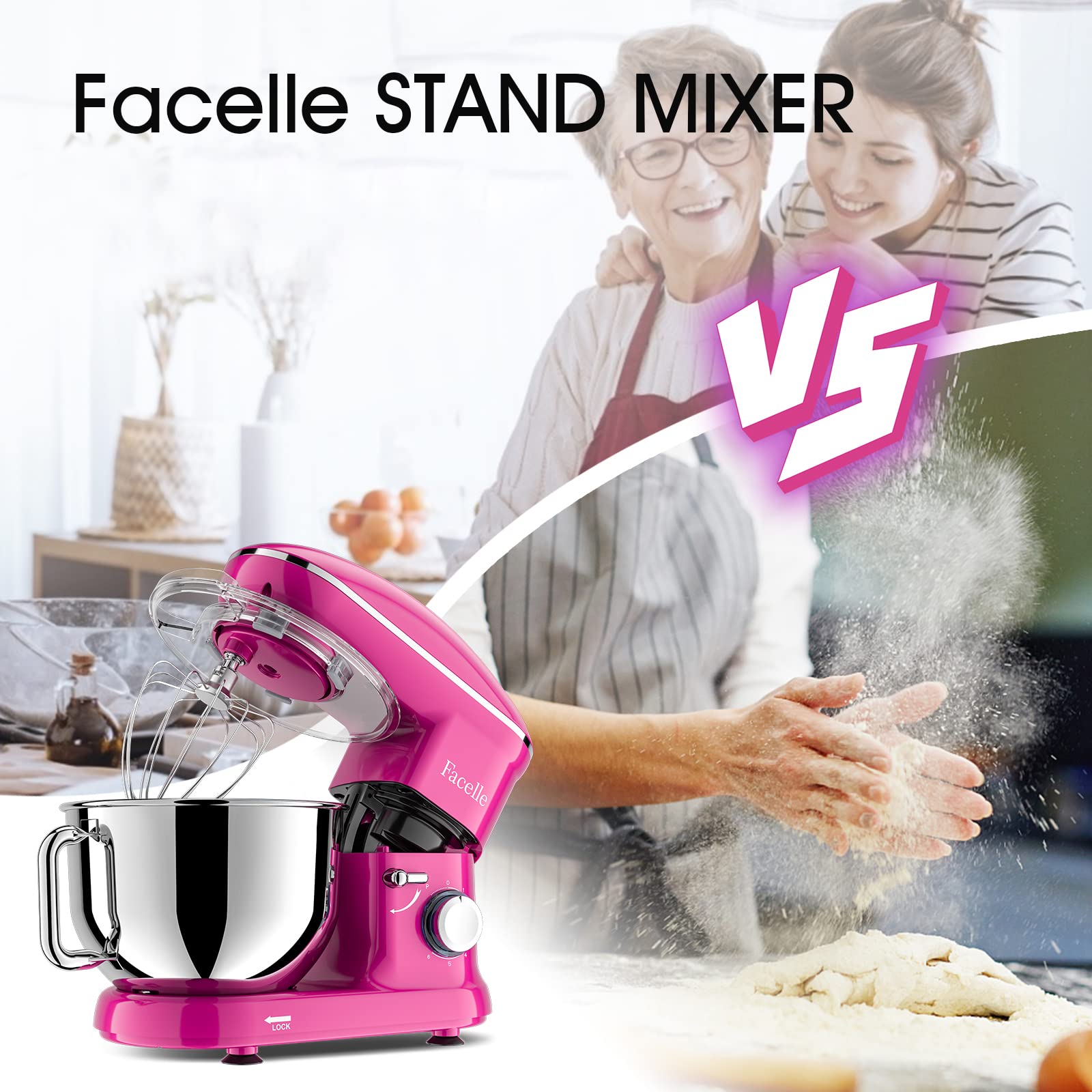 Facelle 660W 6-Speed Tilt-Head Stand Mixer with Pulse Button - 6.5QT Stainless Steel Bowl, Dough Hook, Whisk & Splash Guard - Dishwasher Safe Attachments - Purple Electric Kitchen Mixer for Baking, Cooking & Meal Prep