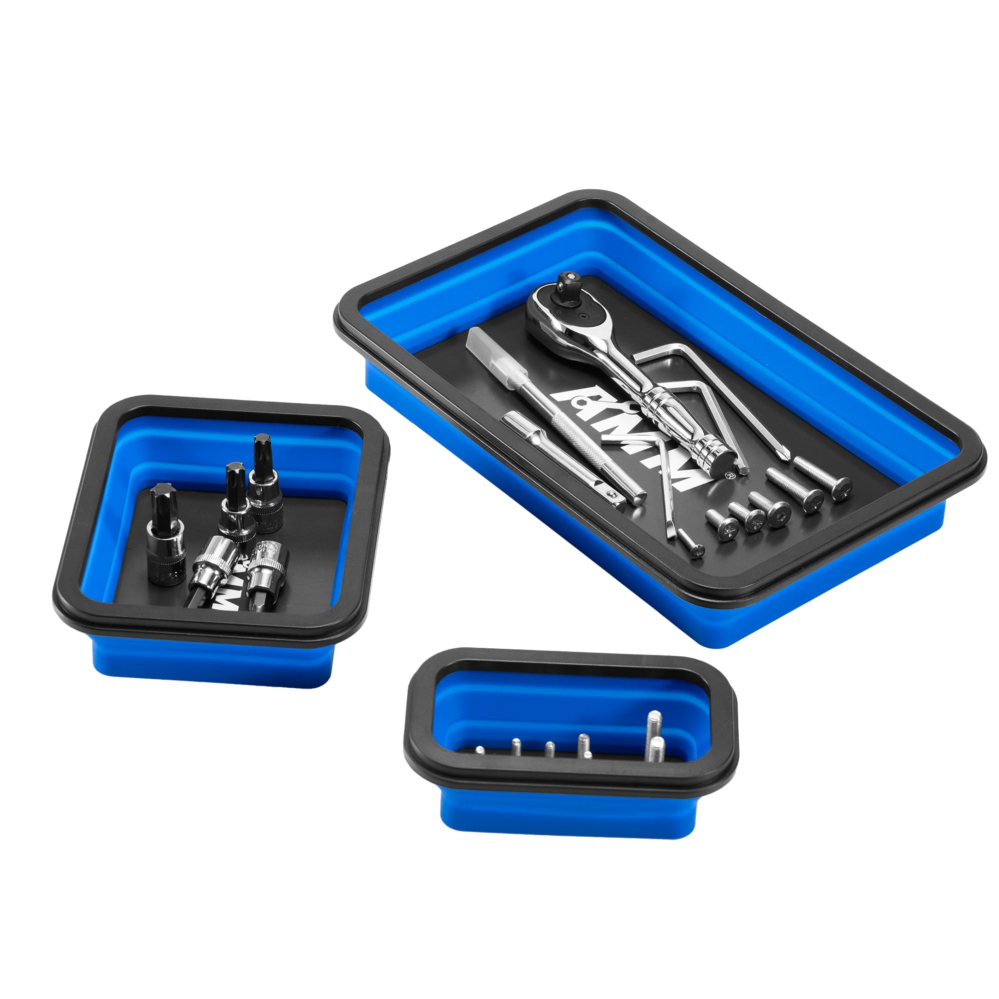 AMM Foldable Magnetic Parts Tray Set - 3 Sizes Magnetic Tool Organizer for Bolts, Screws, Nuts & Small Metal Parts - Durable Mechanic Tool Gift for Men (Blue) - Perfect for Garage, Workshop & DIY Projects