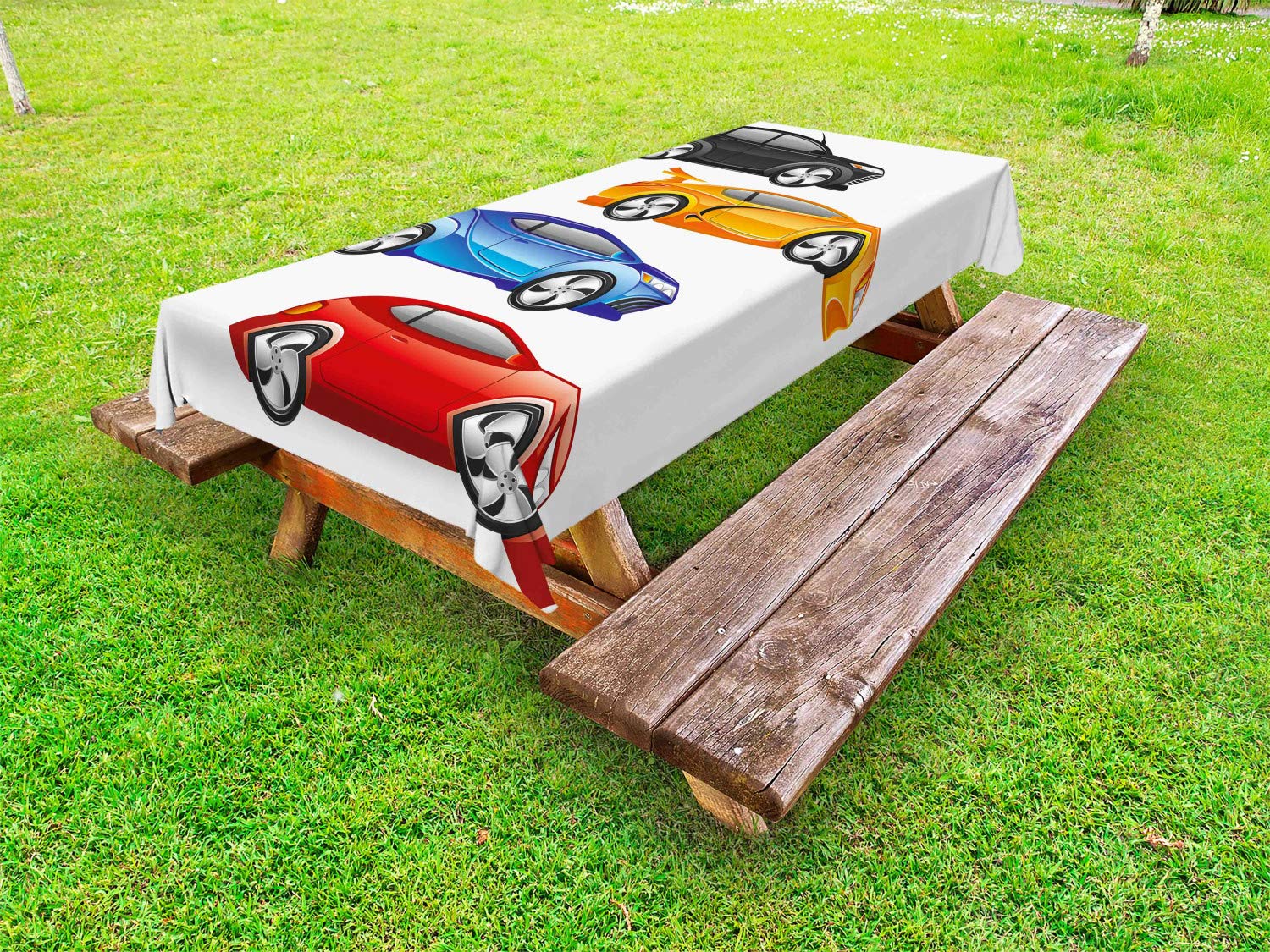 Lunarable Cartoon Outdoor Tablecloth - Colorful Modern Automobile Rally Design, Urban Race Car Sports Theme - Washable Picnic Table Cover 58x104 Inches - Perfect for BBQs, Parties & Outdoor Dining (Multicolor)