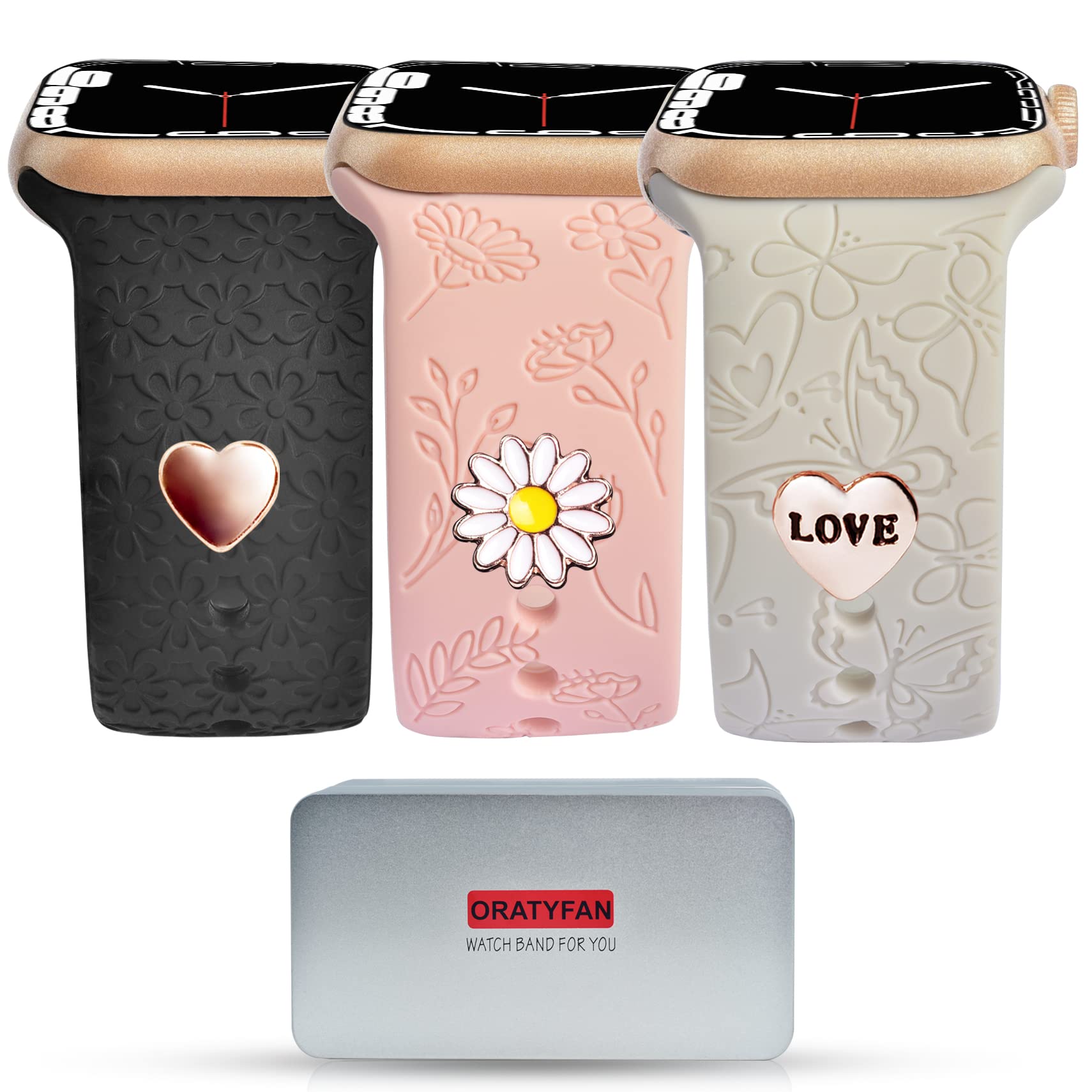 ORATYFAN Engraved Flower Charm Soft Silicone Sport Band for Apple Watch 38mm 40mm 41mm - Compatible with iWatch Series SE/8/7/6/5/4/3/2/1 - Women & Kids Gift, Perfect for Workouts, Daily Wear and Special Occasions