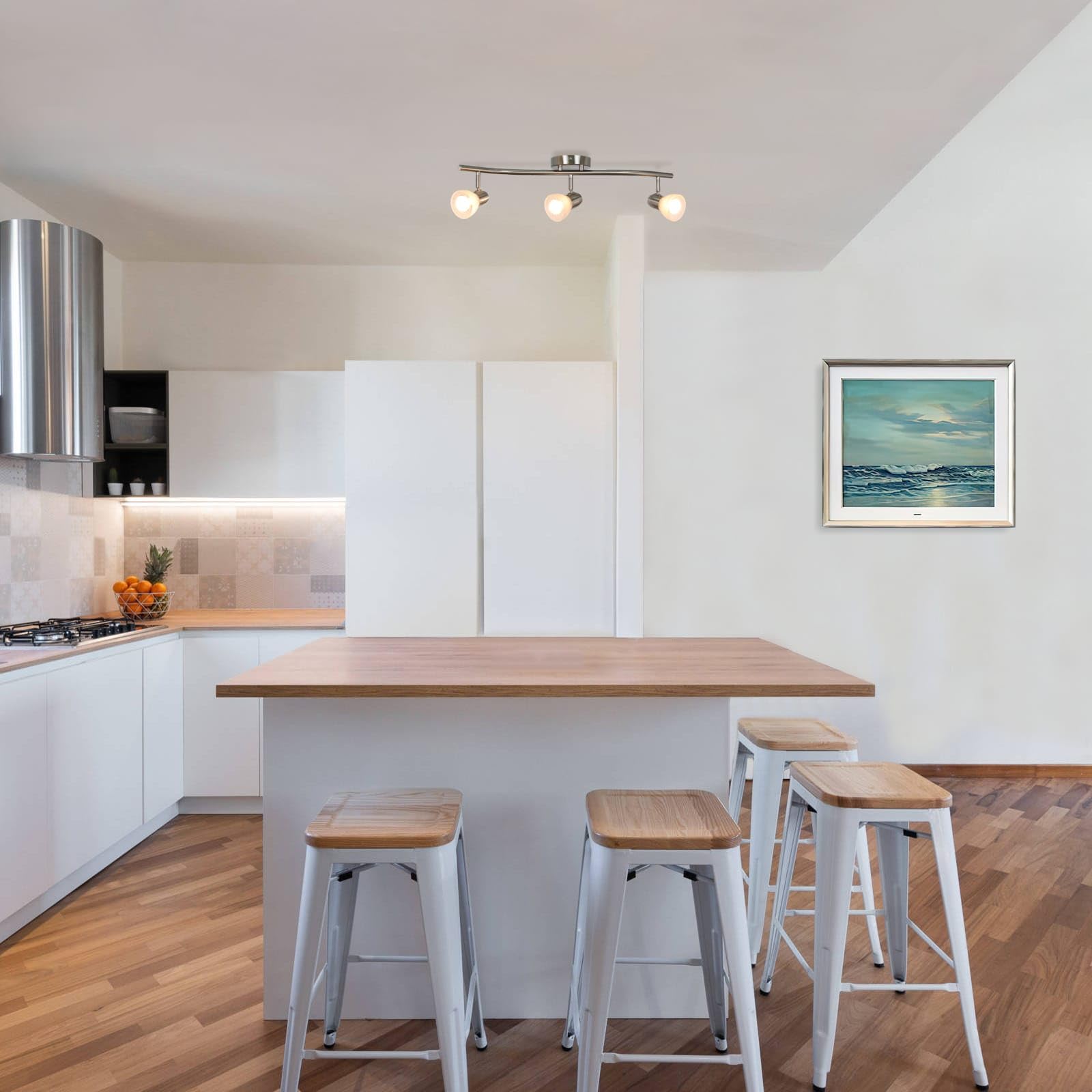 XiNBEi Modern S-Shaped Track Lighting Kit - 3 Light Kitchen Ceiling Fixture, Brushed Nickel Finish, Adjustable Spotlights for Home & Restaurant Use (Model XB-TR1223-3-BN) | Perfect for Kitchen Islands, Dining Areas & Retail Spaces