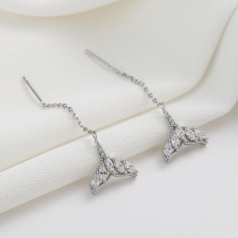 Tiny Mermaid Tail Diamond Threader Earrings - Delicate Silver Dainty Earrings for Women | Perfect for Beach Parties, Mermaid Themed Events & Everyday Wear | A8449