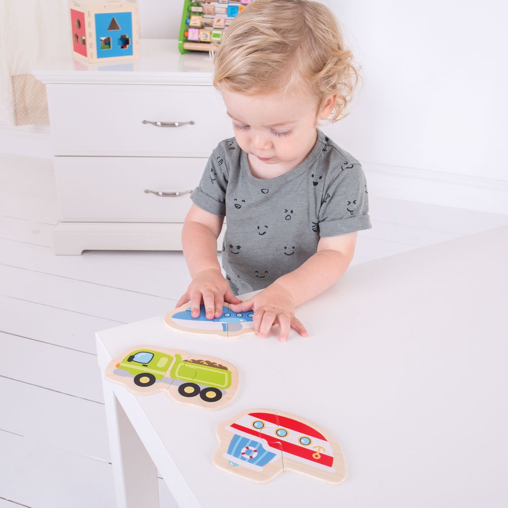Bigjigs Toys Two Piece Puzzles - Transport Vehicles for Toddlers | Wooden Learning Toys for Kids | Perfect for Early Childhood Education & Travel Play