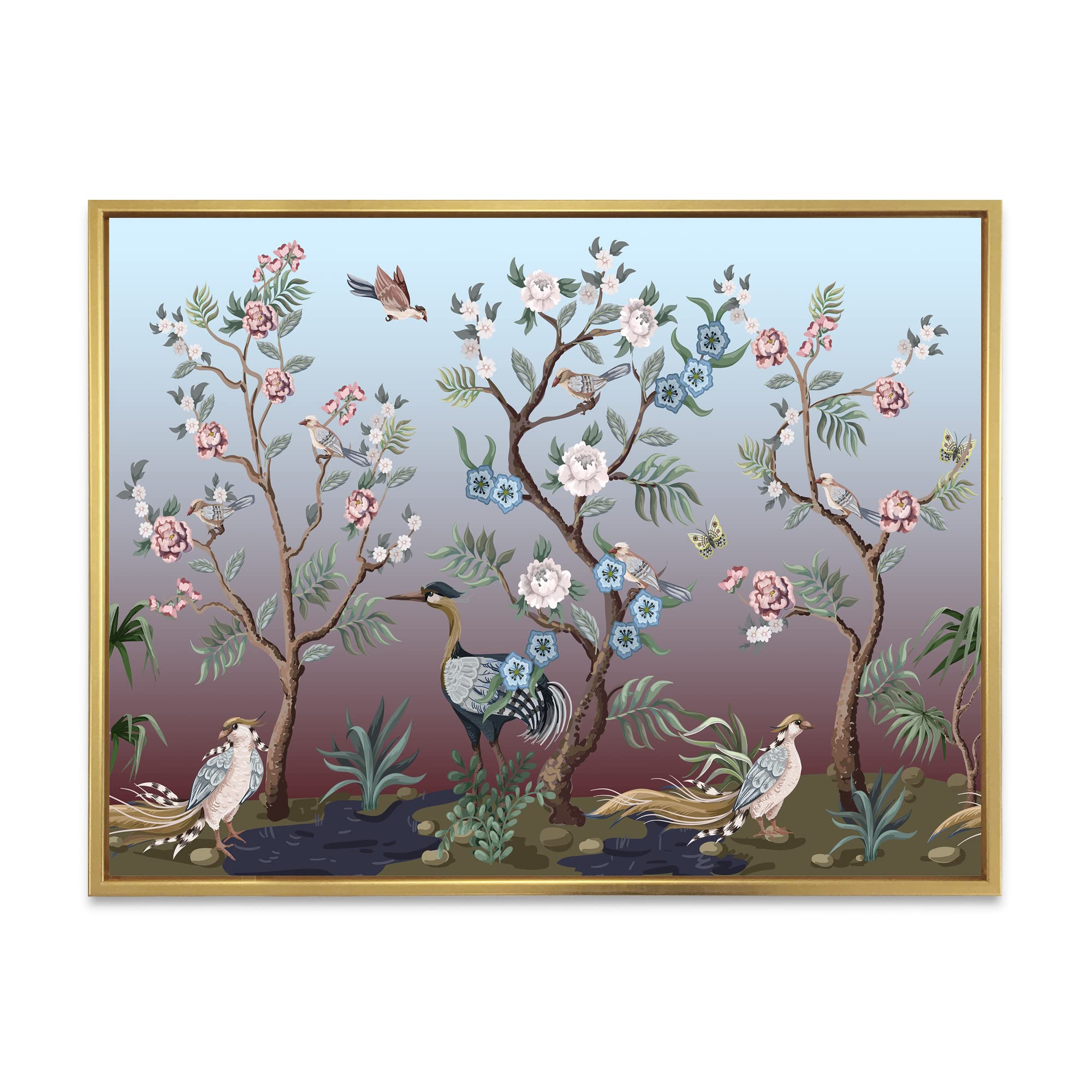 DesignQ Chinoiserie With Birds and Peonies XI - Traditional Framed Canvas Wall Art Print - Home Decor, Living Room, Bedroom, Office Wall Art
