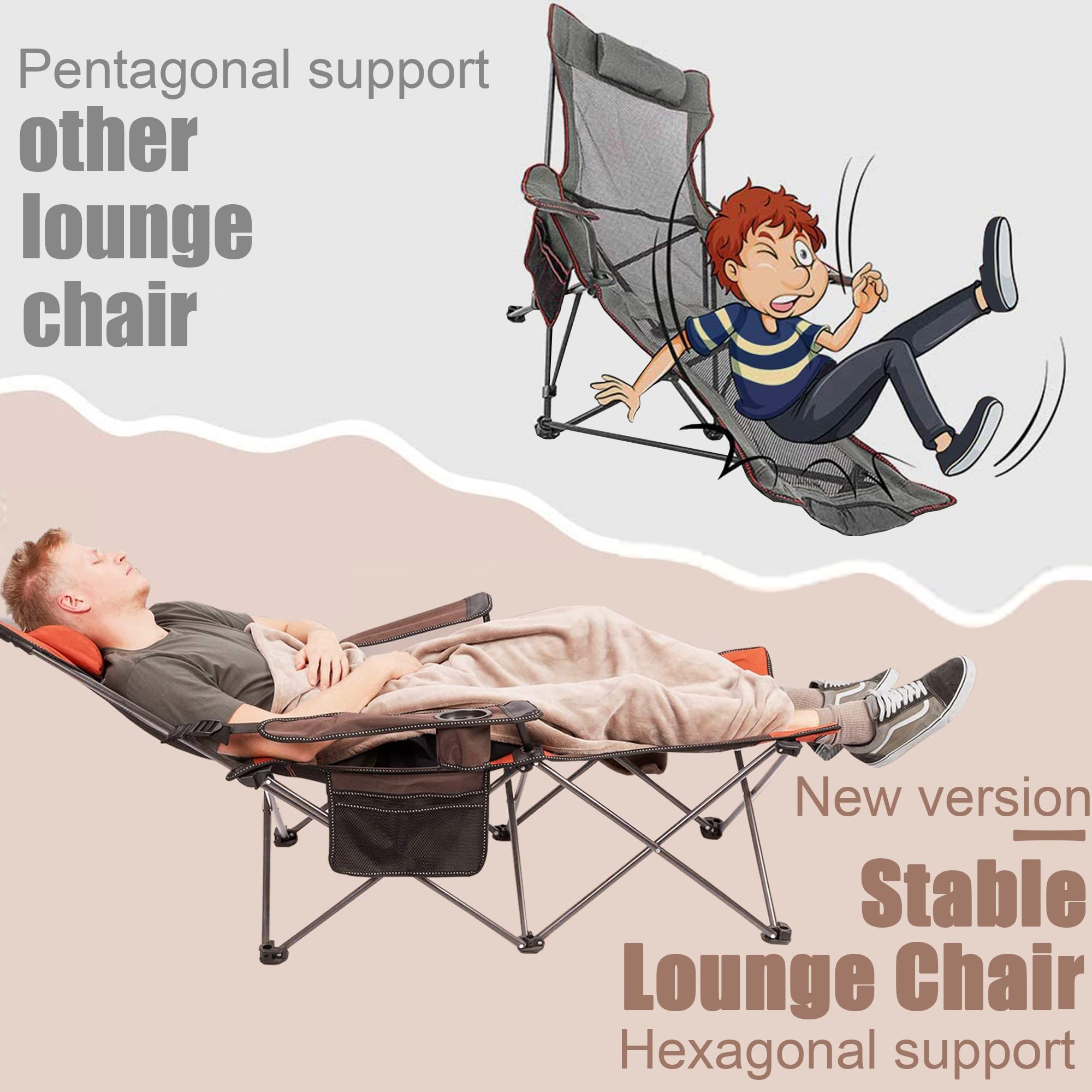 Apollo Walker 6-Legged Reclining Camping Chair for Adults - Adjustable 90°-130° Beach Chair with Footrest, Detachable Pillow & Carry Bag - Perfect for Outdoor Camping, Beach Relaxation, Backyard Lounging & Picnics (Grey)