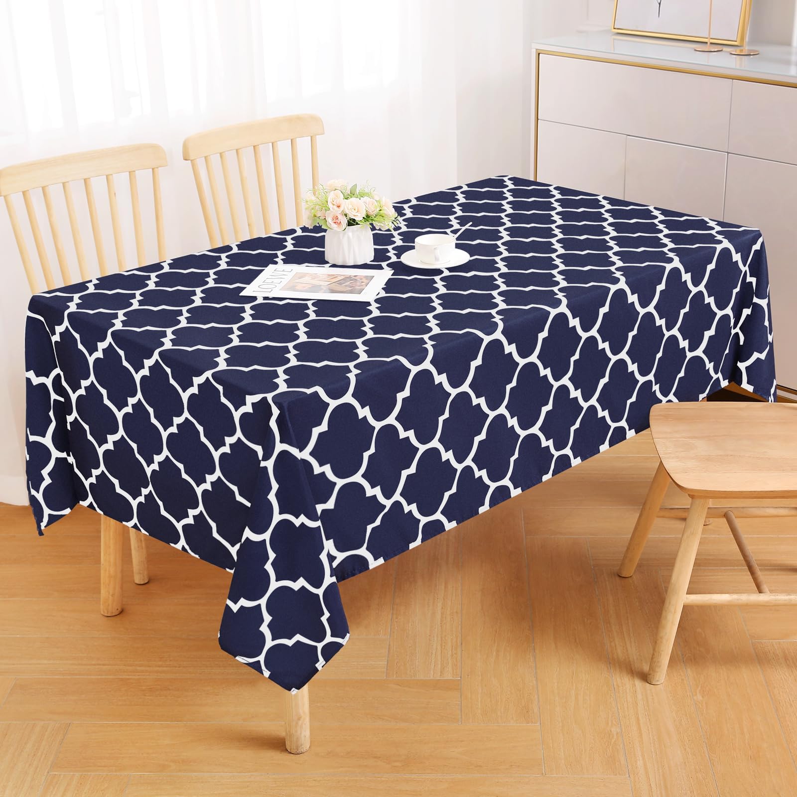 Premium Waterproof Moroccan Tablecloth - Stain Resistant & Washable Rectangle Dining Table Cover for Indoor & Outdoor Use (Navy Blue & White, 60
