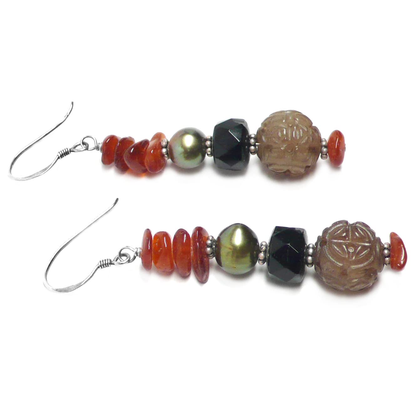 Handmade Brown Carved Serpentine Amber Sterling Silver Rustic Dangle Earrings for Women | Boho Chic Jewelry Gift for Birthday, Wedding & Everyday Wear