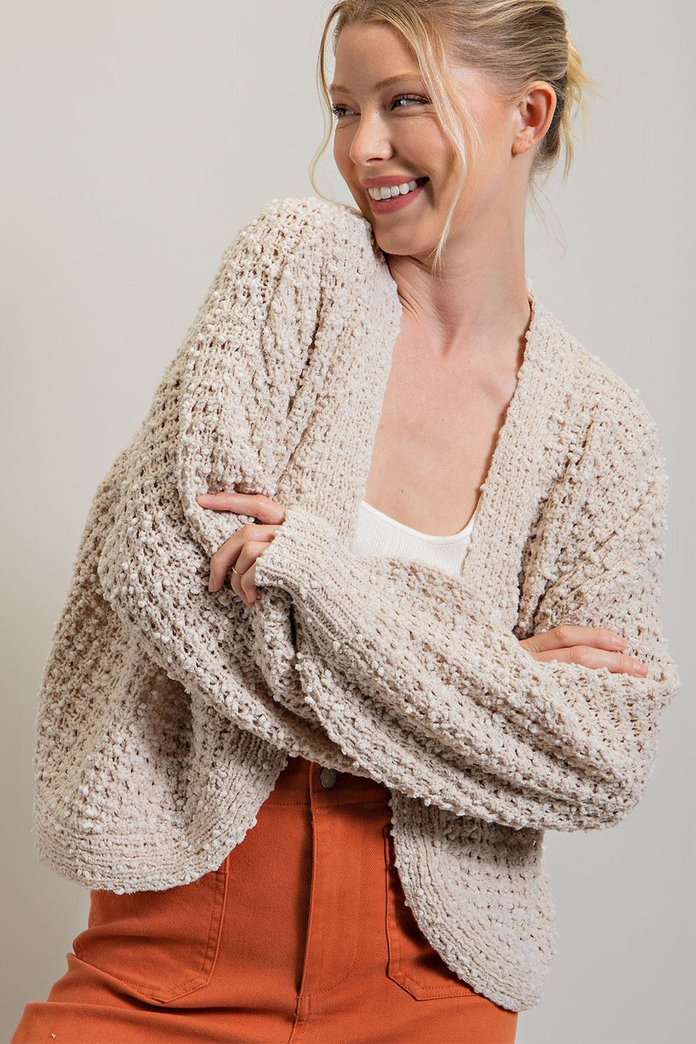 Beige Cropped Chunky Open Knit Cardigan for Women - Soft Oversized Sweater with Long Sleeves - Perfect for Fall Layering, Coffee Dates & Cozy Evenings