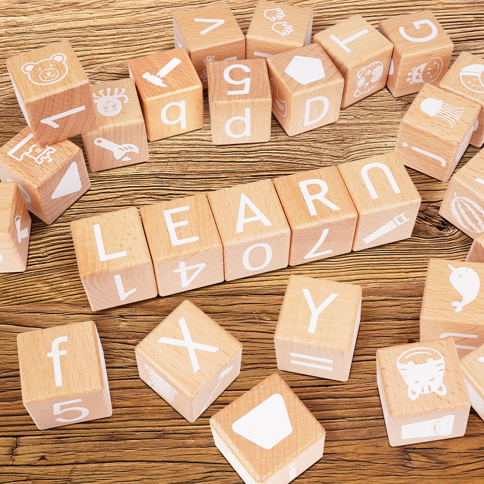 AXEARTE Wooden Alphabet Stacking Blocks - 26 ABC Learning Blocks for Toddlers with Numbers & Animal Icons, Montessori Educational Toys for Preschool Kids | Perfect for Early Childhood Development & Sensory Play at Home or Classroom