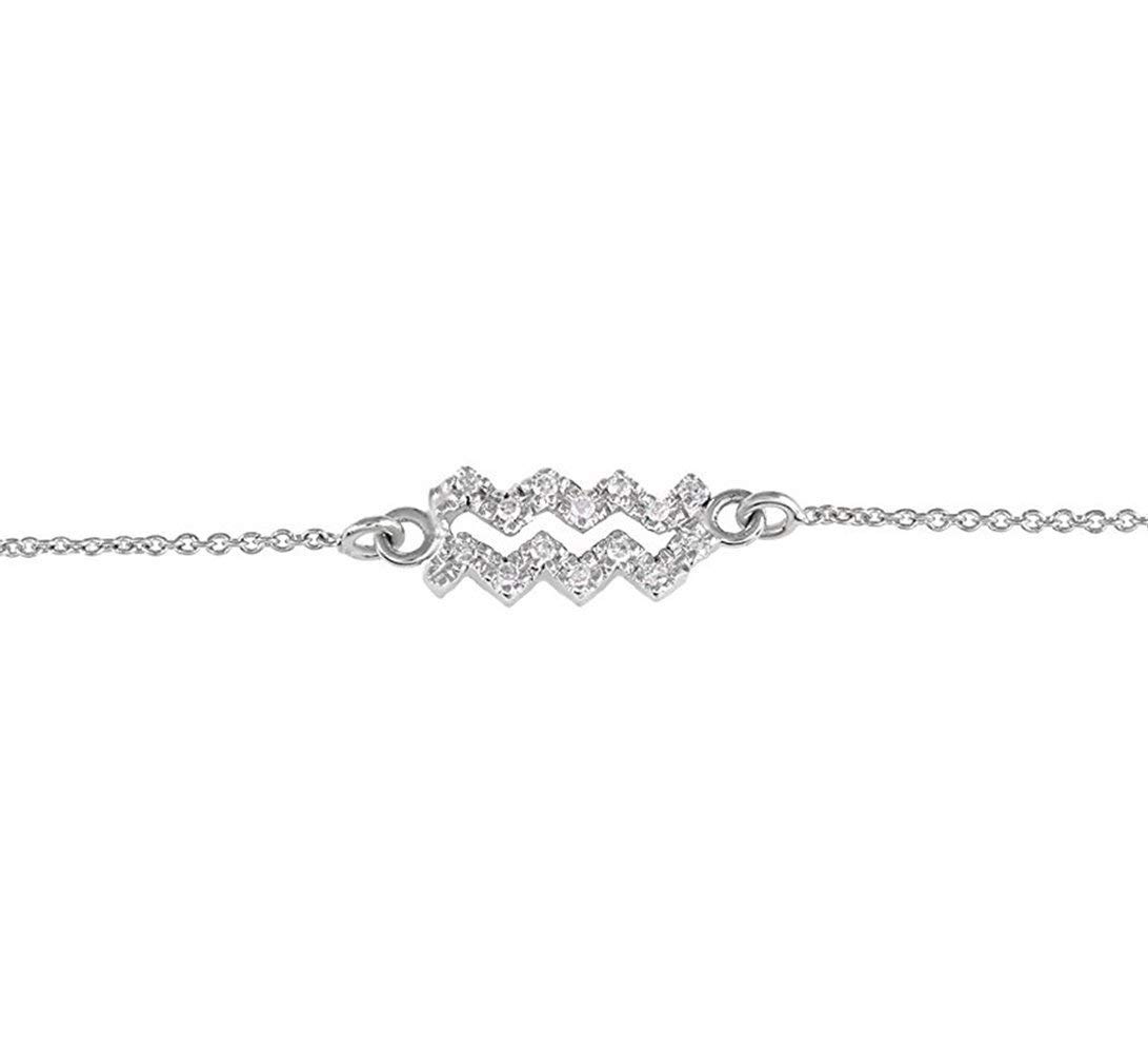 14K Solid Yellow & Rose Gold Aquarius Zodiac Charm Bracelet - Round Pave Set with White Diamonds for Women | Dainty Body Jewelry Gift for Birthday, Anniversary & Special Occasions