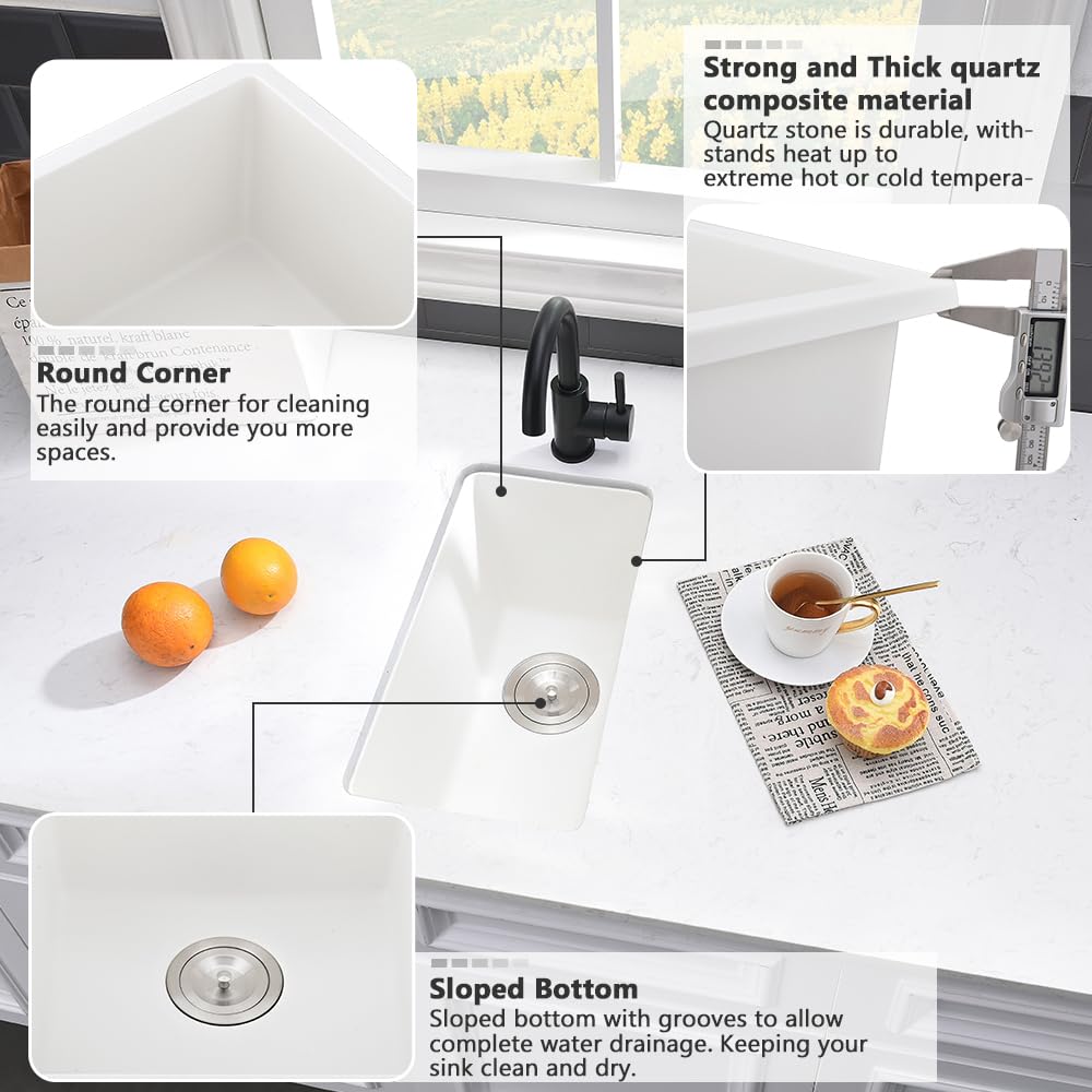 VASOYO 12x16 Inch Undermount Bar Sink - White Quartz Single Bowl Small Kitchen Sink with Bottom Grid for RV, Outdoor & Home Bar Prep | Durable & Stylish Design