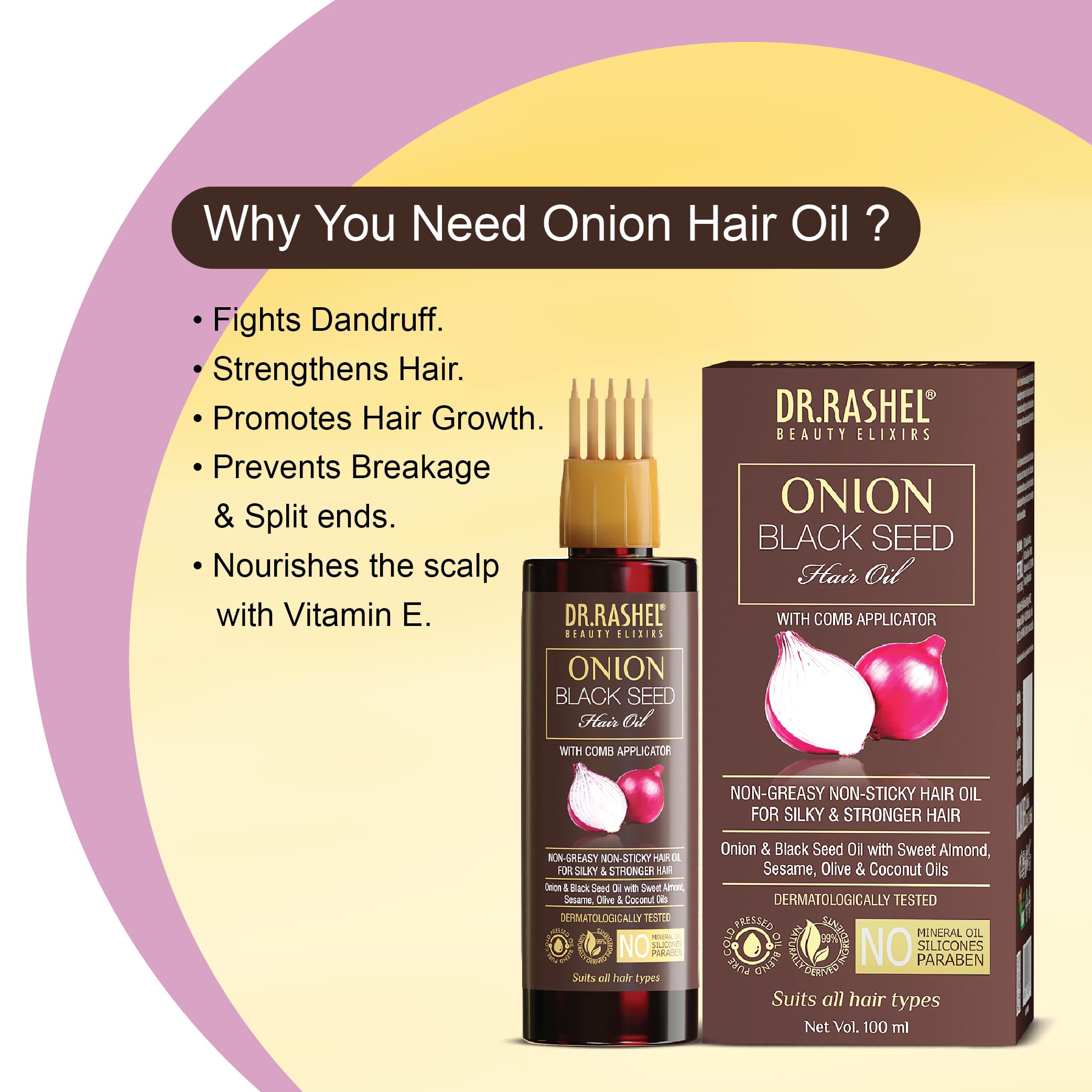 DR.RASHEL Onion Oil with Black Seed - Hair Growth Treatment for Thicker & Stronger Hair - Comb Applicator Included - Controls Hair Fall - Paraben & Silicone Free - 100ml - Perfect for Daily Hair Care & Scalp Massage