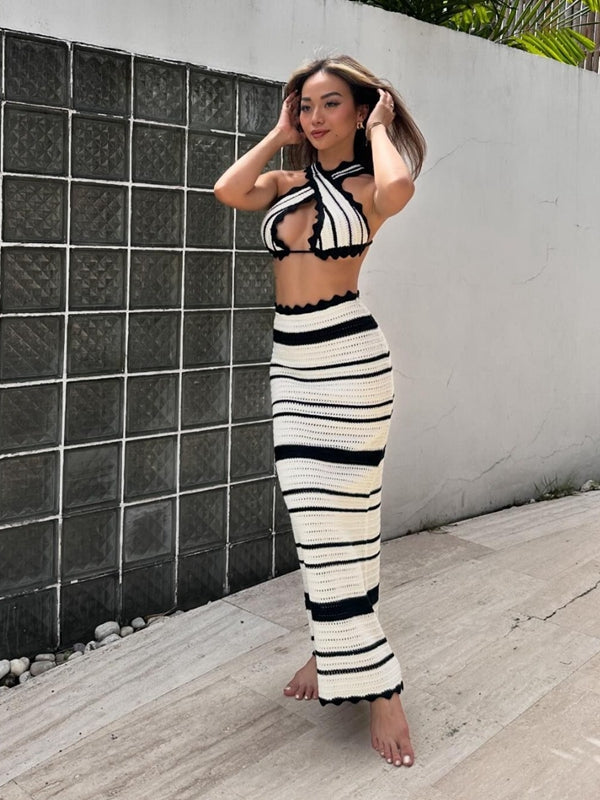 ZASUWA Women's Sexy Fishnet Stripes 2-Piece Cover Up Swimsuit - Perfect for Beach, Pool Parties & Summer Vacations