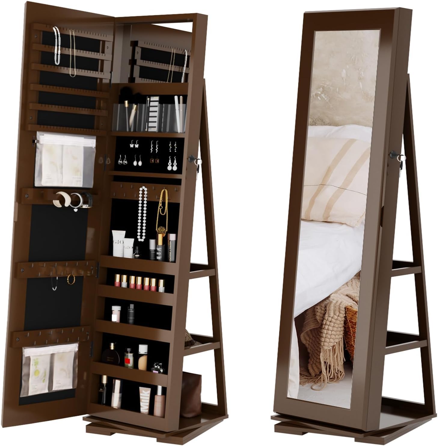 SogesPower 360° Rotatable Lockable Jewelry Cabinet with Dressing Mirror - Jewelry Armoire Organizer with Storage Shelf for Necklaces, Rings & Accessories - Perfect for Bedroom, Living Room & Entryway, Brown