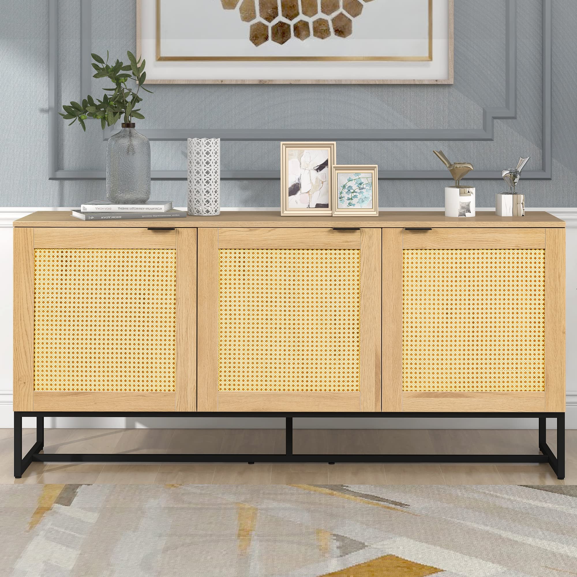Modern Wicker Console Table with 3 Doors - Iron Support & Wood Grain Surface - 63