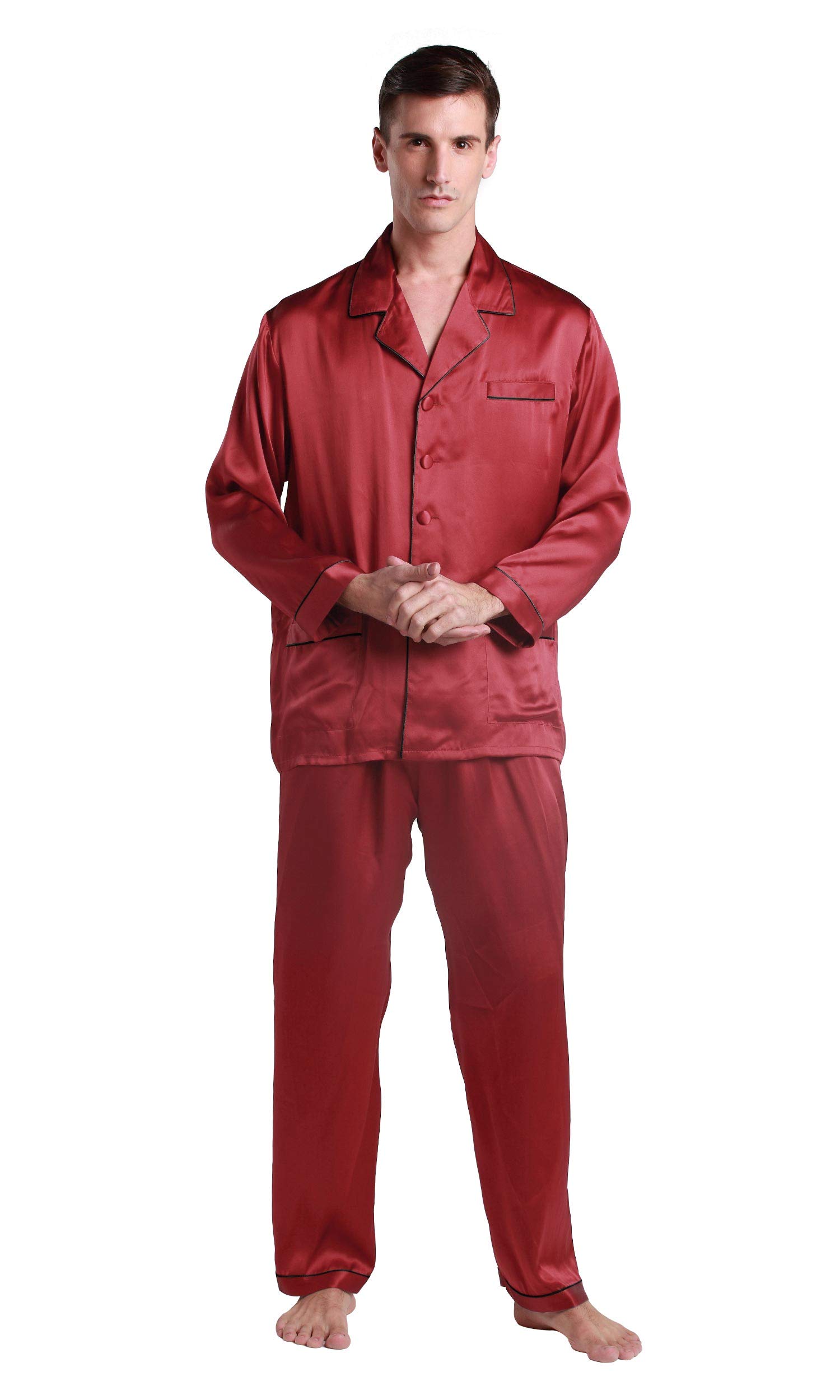 Premium 100% Silk Pajamas for Men - Long Sleeve Soft Lounge Sleepwear with Contrast Trim | Ideal for Relaxing at Home, Spa Days & Luxury Gifts