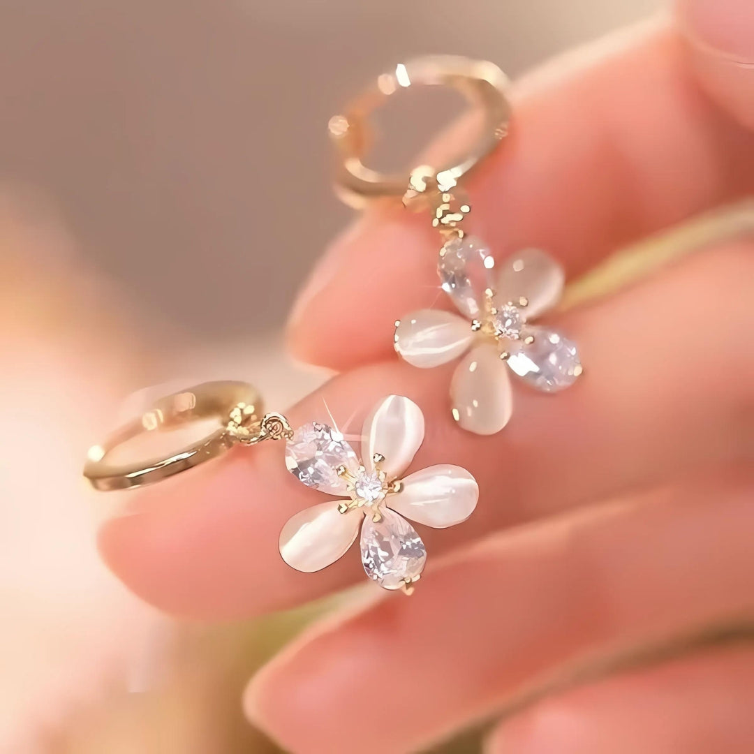 Cat Eye Stone Flower Charm Drop Hoop Earrings for Women | HE6205 | Elegant Jewelry for Parties, Weddings & Special Occasions